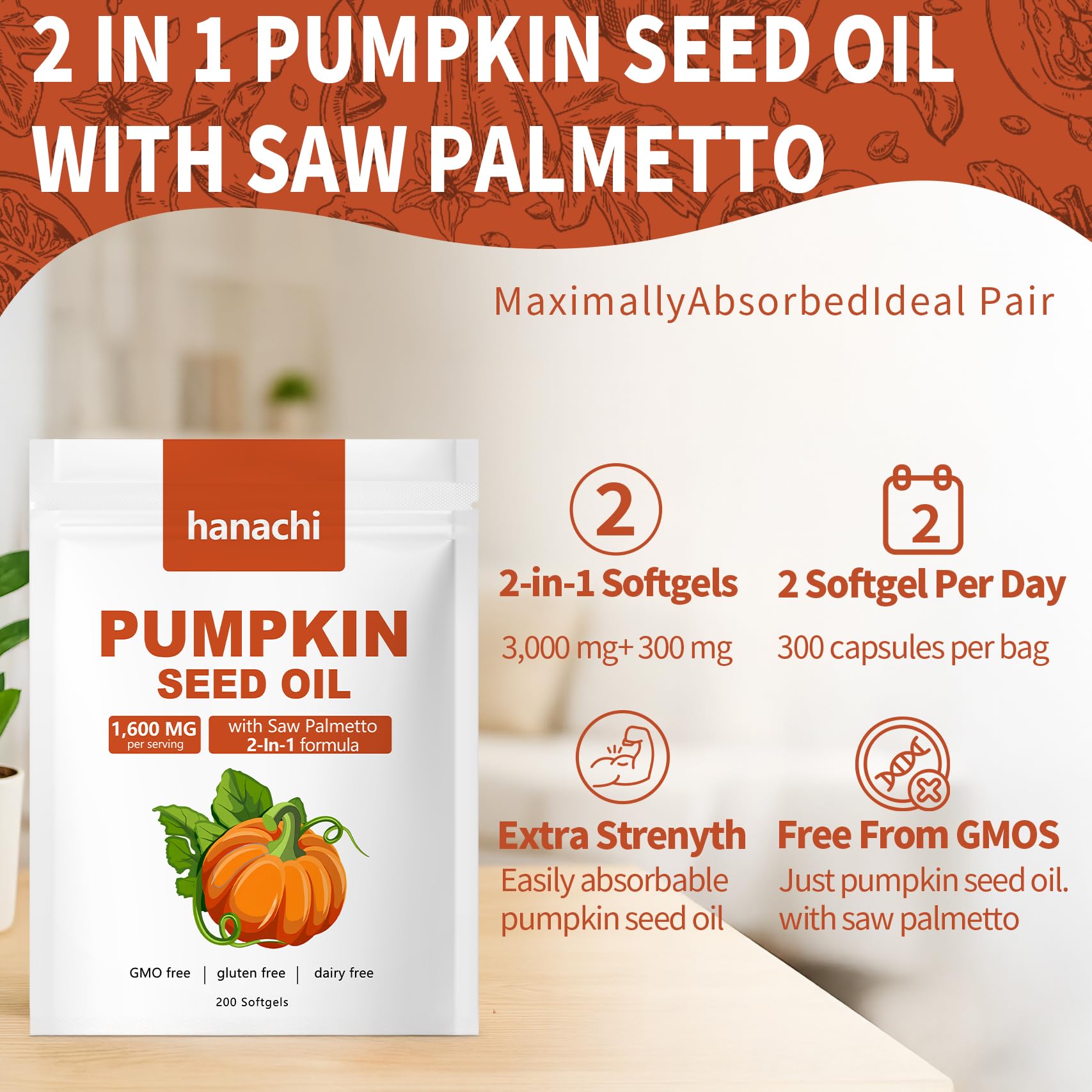 Shwfhi Ovela Pumpkin Seed Oil Capsules for Hair Growth – 2 in 1 Formula with Saw Palmetto | Non-GMO, Gluten Free | 200 Softgels