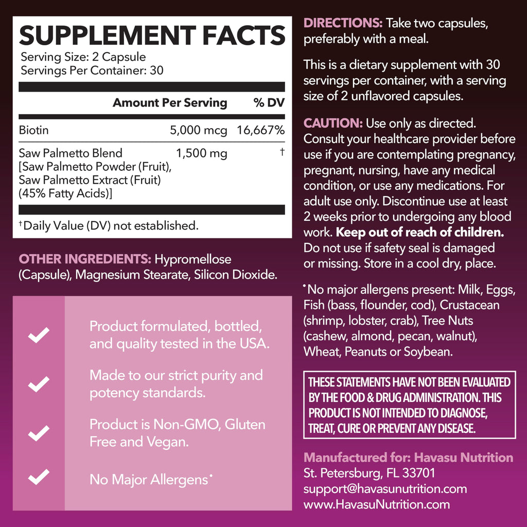 Saw Palmetto for Women with Biotin 5000mcg | DHT Blocker for Hair, Skin & Nails