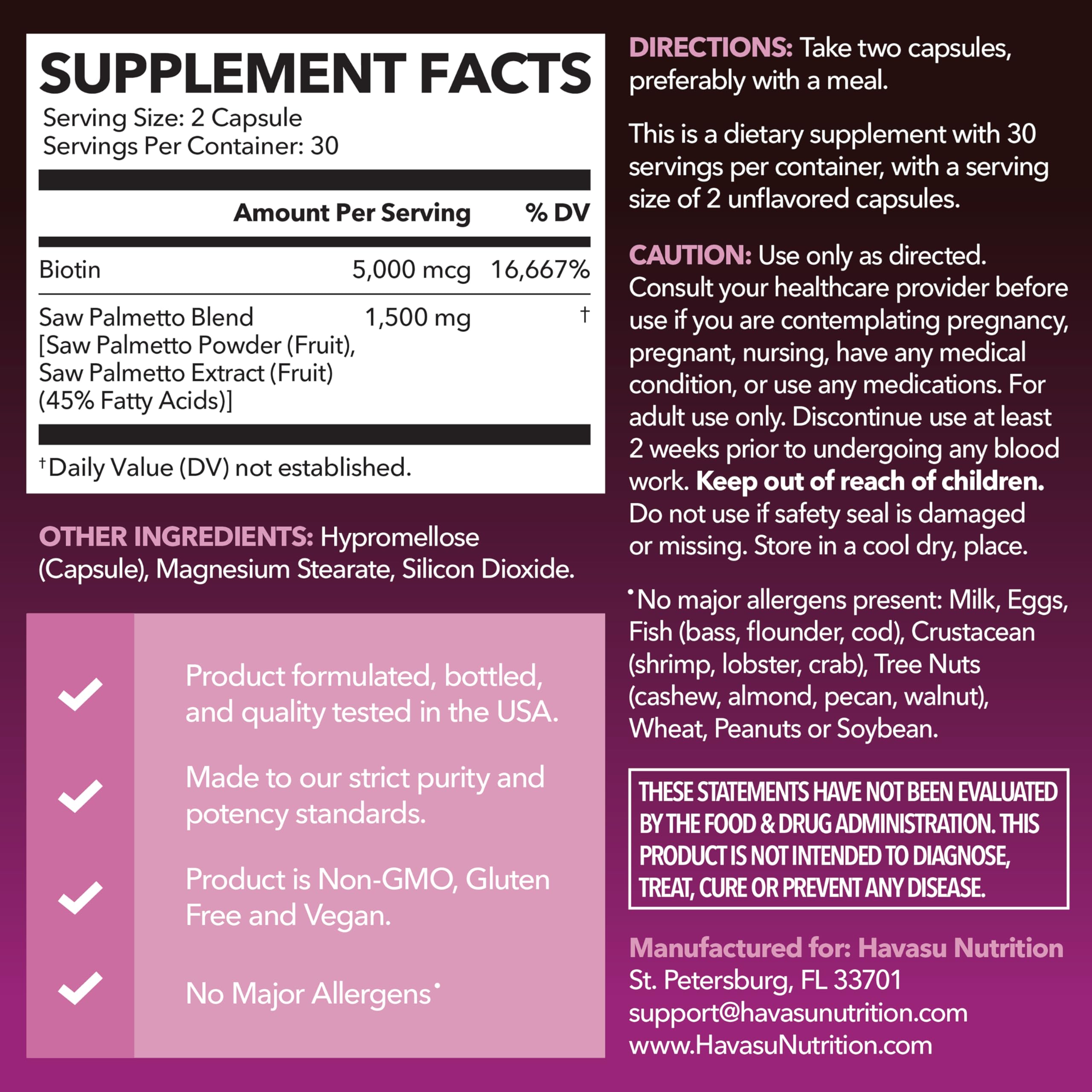 Saw Palmetto for Women with Biotin 5000mcg | DHT Blocker for Hair, Skin & Nails