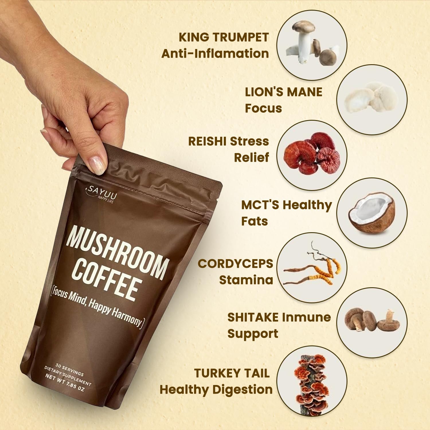 SAYUU Mushroom Coffee Blend – Focus, Energy & Harmony | Vegan Functional Mushrooms (Cordyceps, Lion’s Mane & Reishi) – 30 Servings