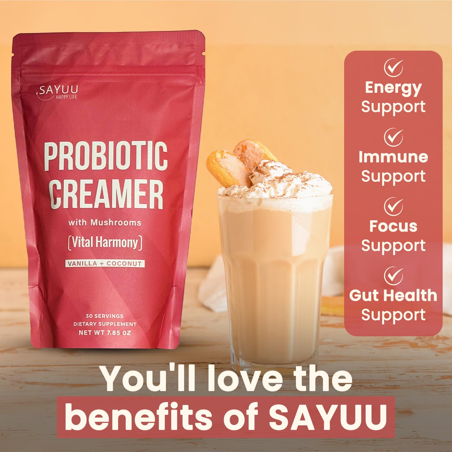 SAYUU Probiotic Creamer with Adaptogenic Mushrooms – Lion's Mane, Reishi & Cordyceps | 30 Servings