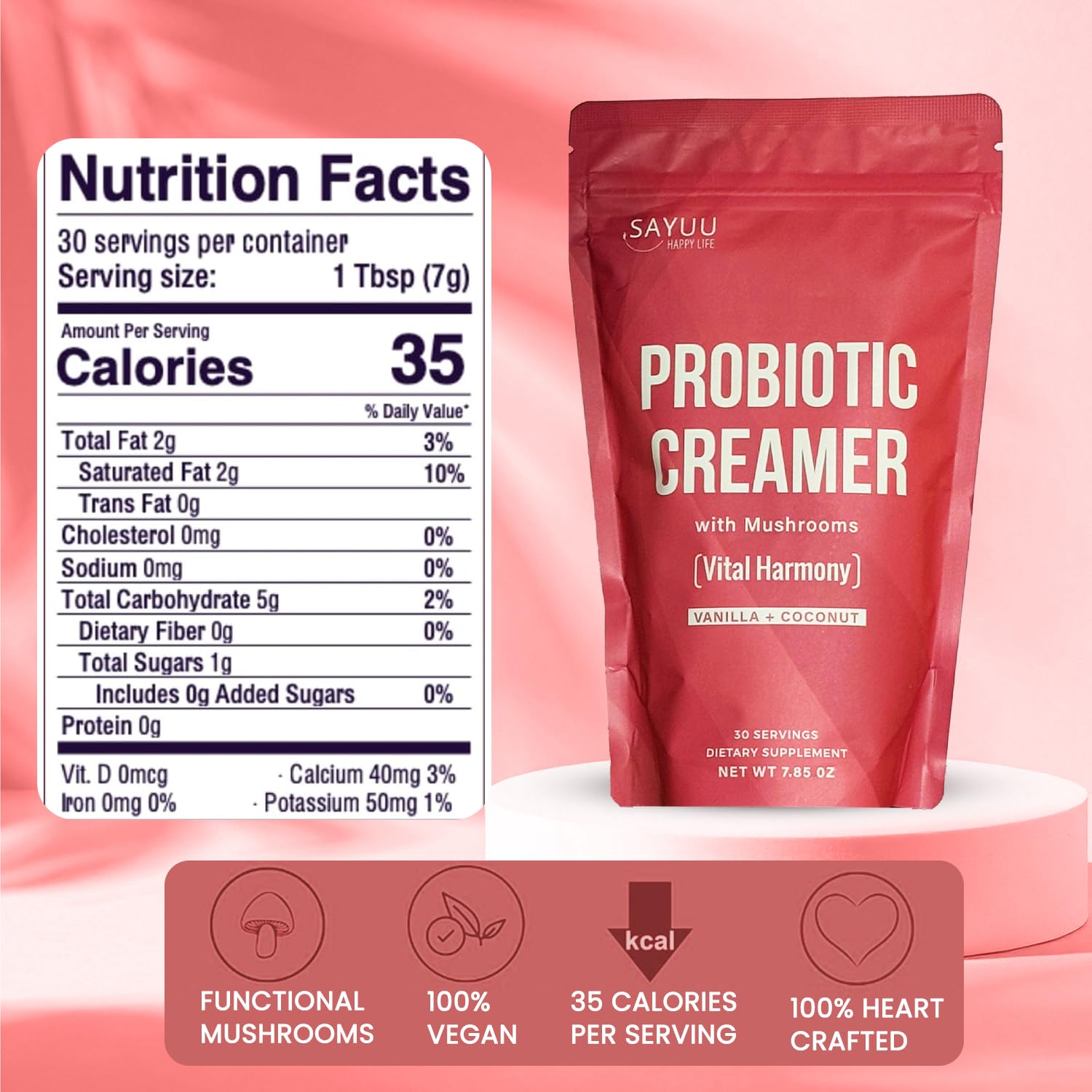 SAYUU Probiotic Creamer with Adaptogenic Mushrooms – Lion's Mane, Reishi & Cordyceps | 30 Servings