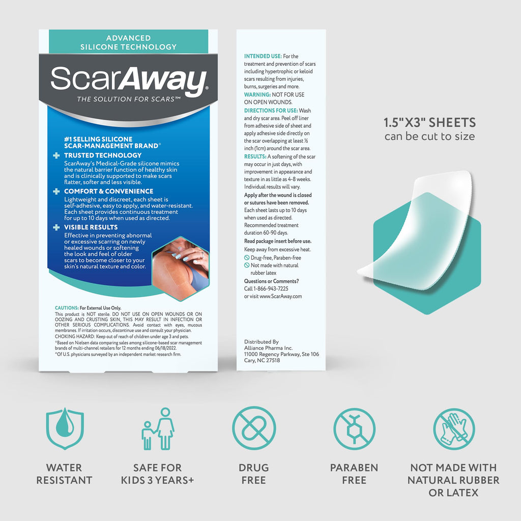 ScarAway Advanced Clear Silicone Scar Sheets (1.5 x 3 in) – 6 Medical-Grade Sheets