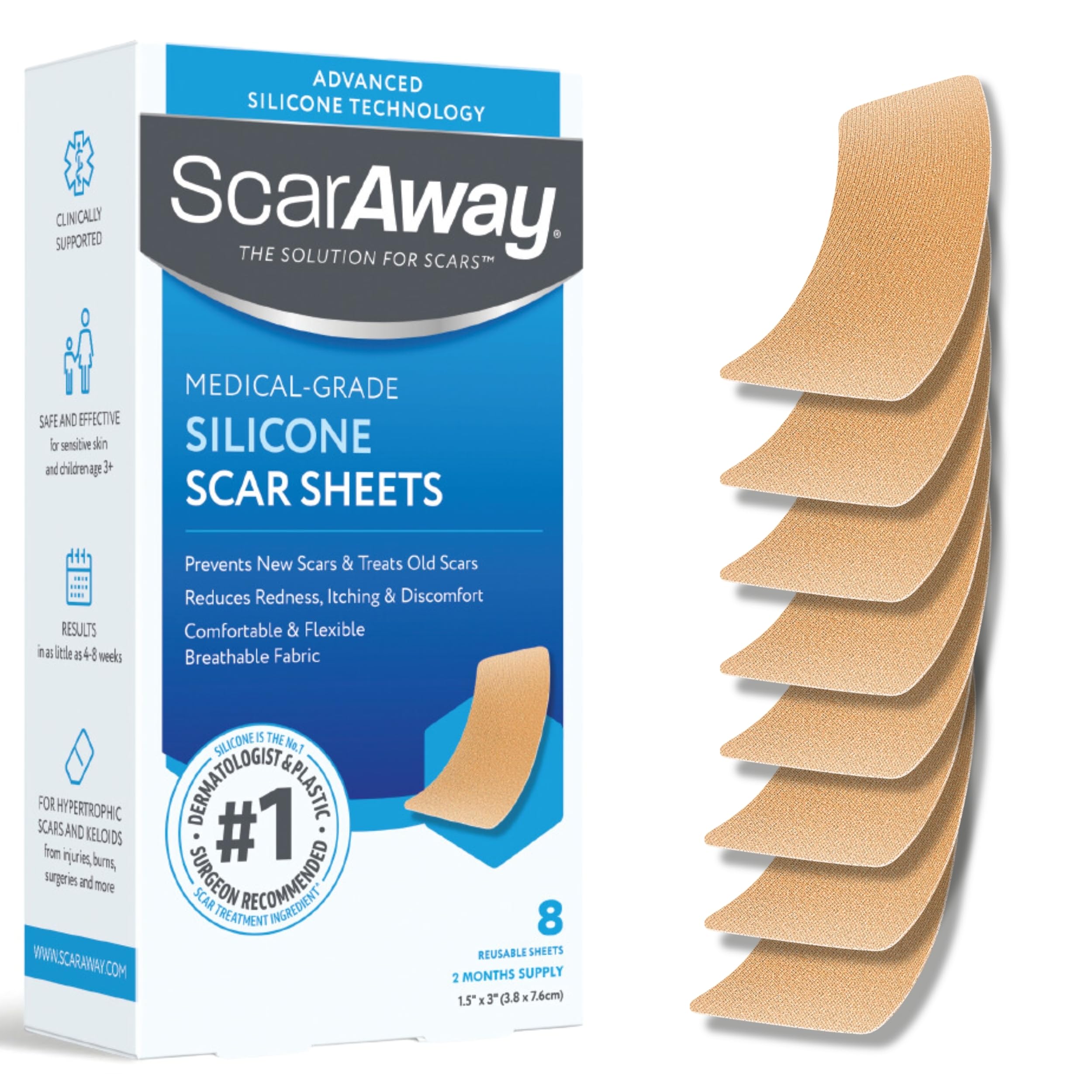 ScarAway Advanced Silicone Scar Sheets – Medical-Grade, Reusable 1.5x3 Inch Scar Treatment (8 Tan Sheets)