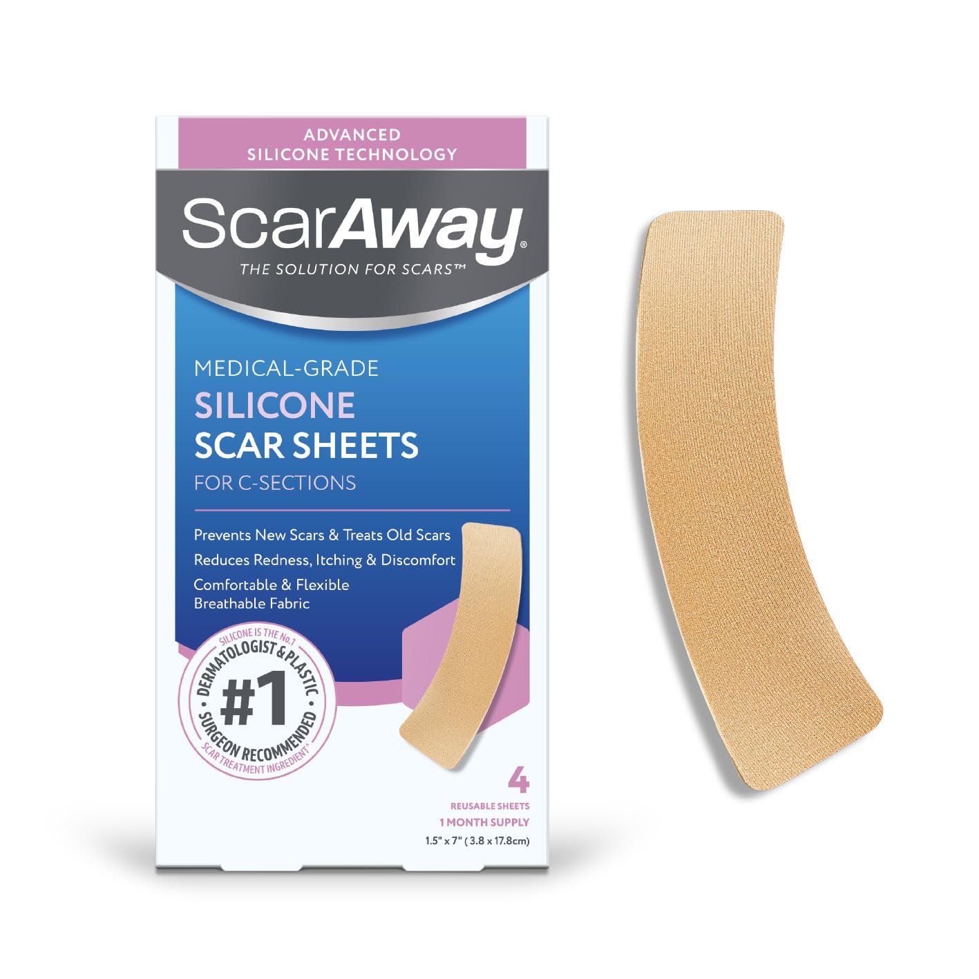 ScarAway Advanced Silicone Scar Sheets for C-Section & Surgeries – 4 Sheets (1.5” x 7”)