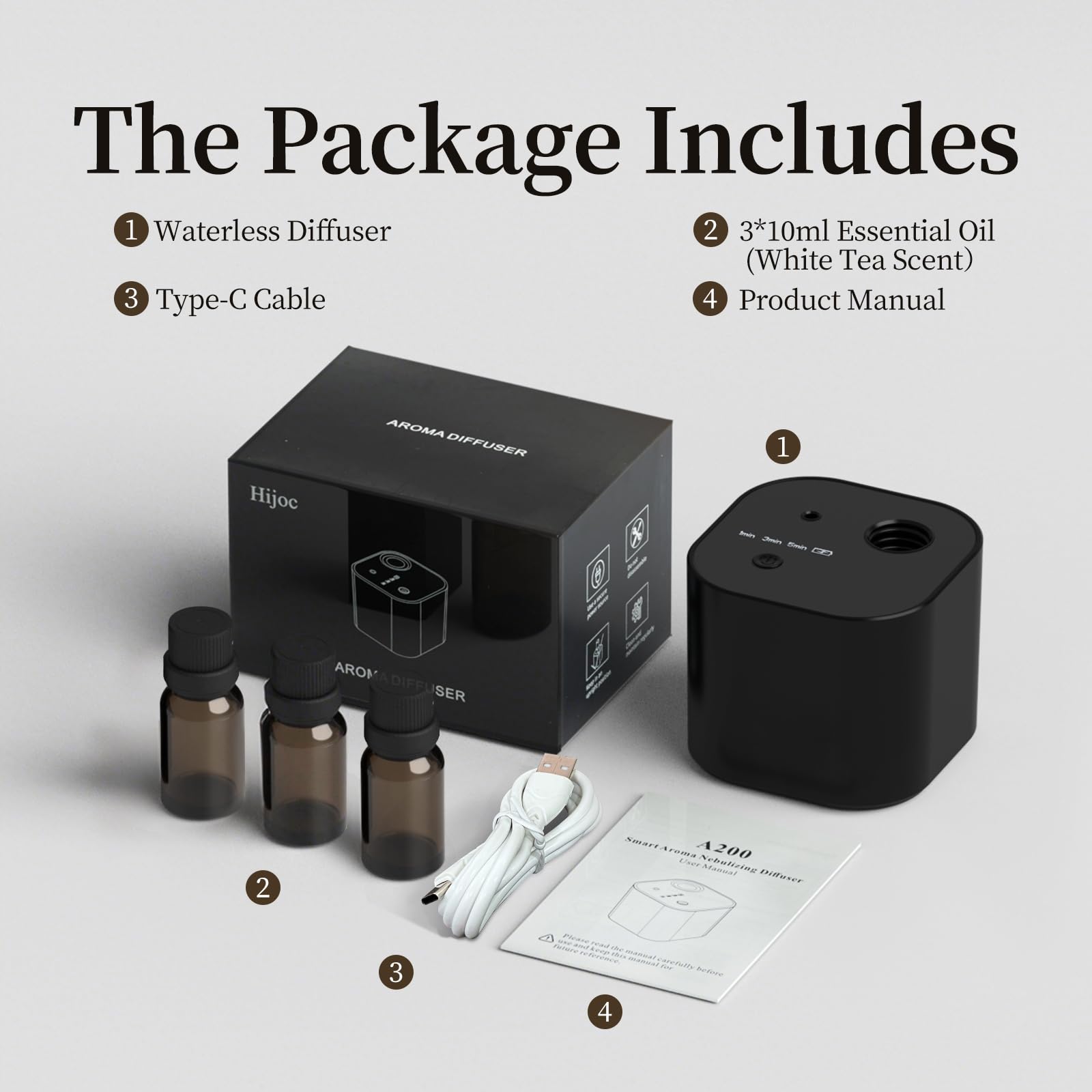 Scent Diffuser – Battery-Operated Waterless Essential Oil Diffuser, Mini Portable, 3 Mist Modes, 400 sq ft, Black
