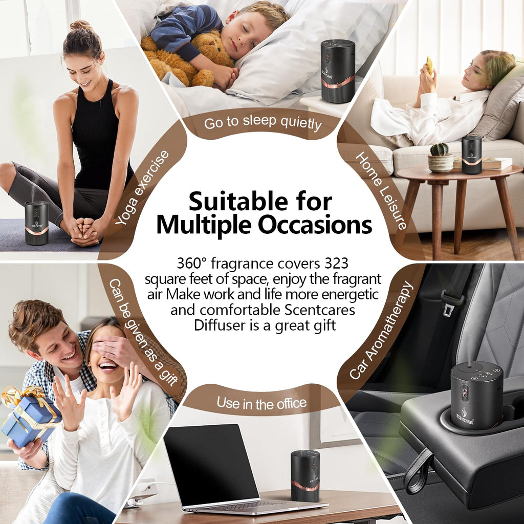 Scentcares Waterless Diffuser — Sentiment Diffuser with Cold-Air Diffusion, 2 Modes, 4 Timers, Rechargeable (Black)