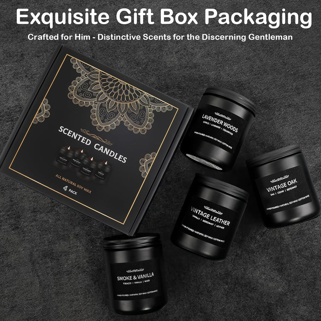 Scented Candle Set for Men — 4-Pack Gift Box (Vanilla, Smoke, Leather, Oak, Lavender Wood)