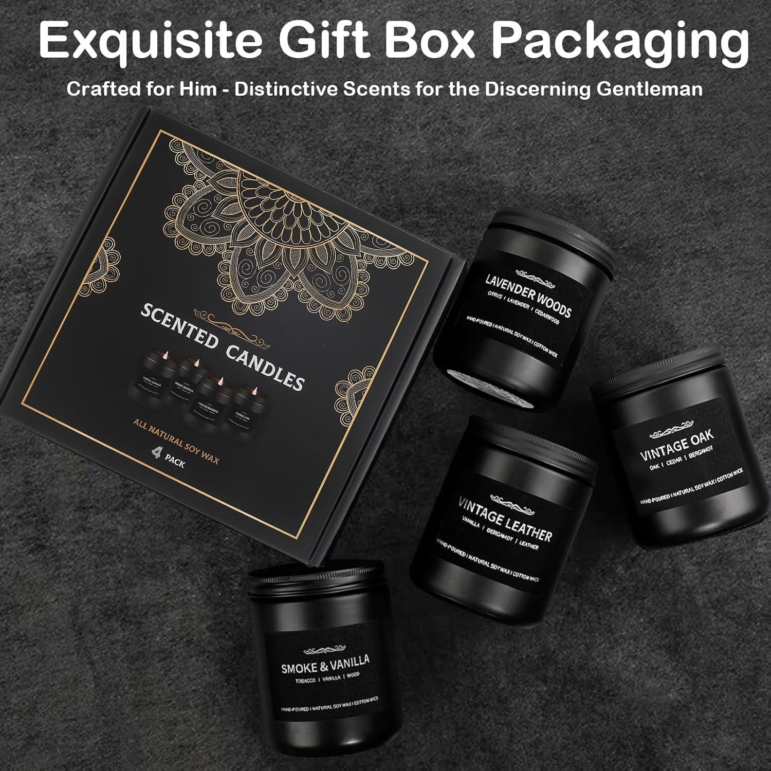 Scented Candle Set for Men — 4-Pack Gift Box (Vanilla, Smoke, Leather, Oak, Lavender Wood)