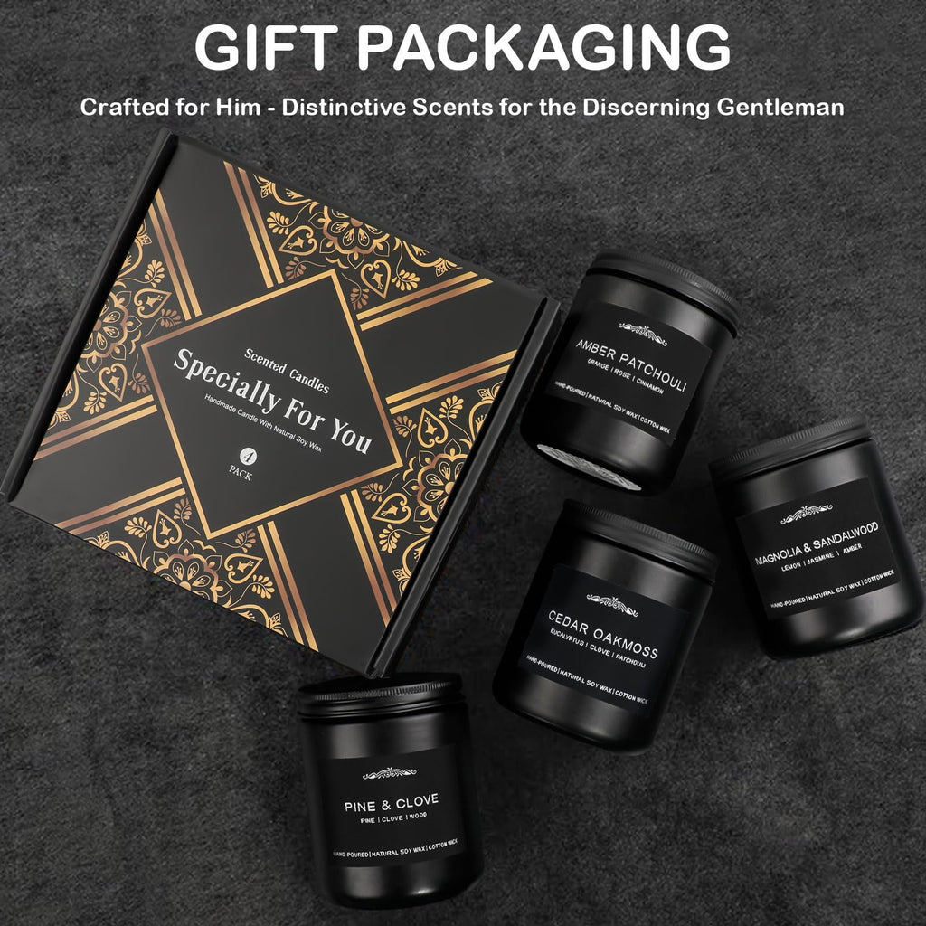Scented Candle Set for Men - 28 oz, 200 Hour Burn, 4 Pack Soy Candles