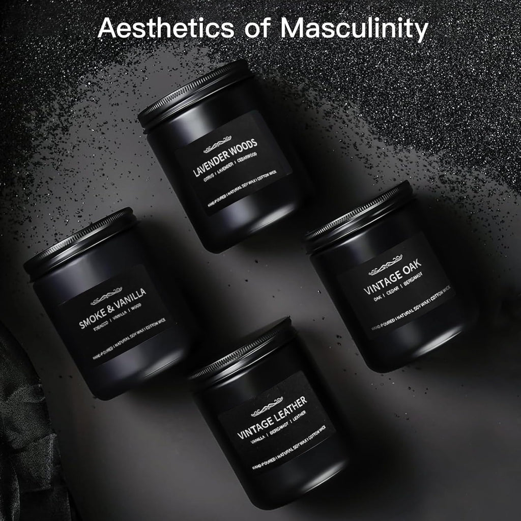 Scented Candle Set for Men — 4-Pack Gift Box (Vanilla, Smoke, Leather, Oak, Lavender Wood)