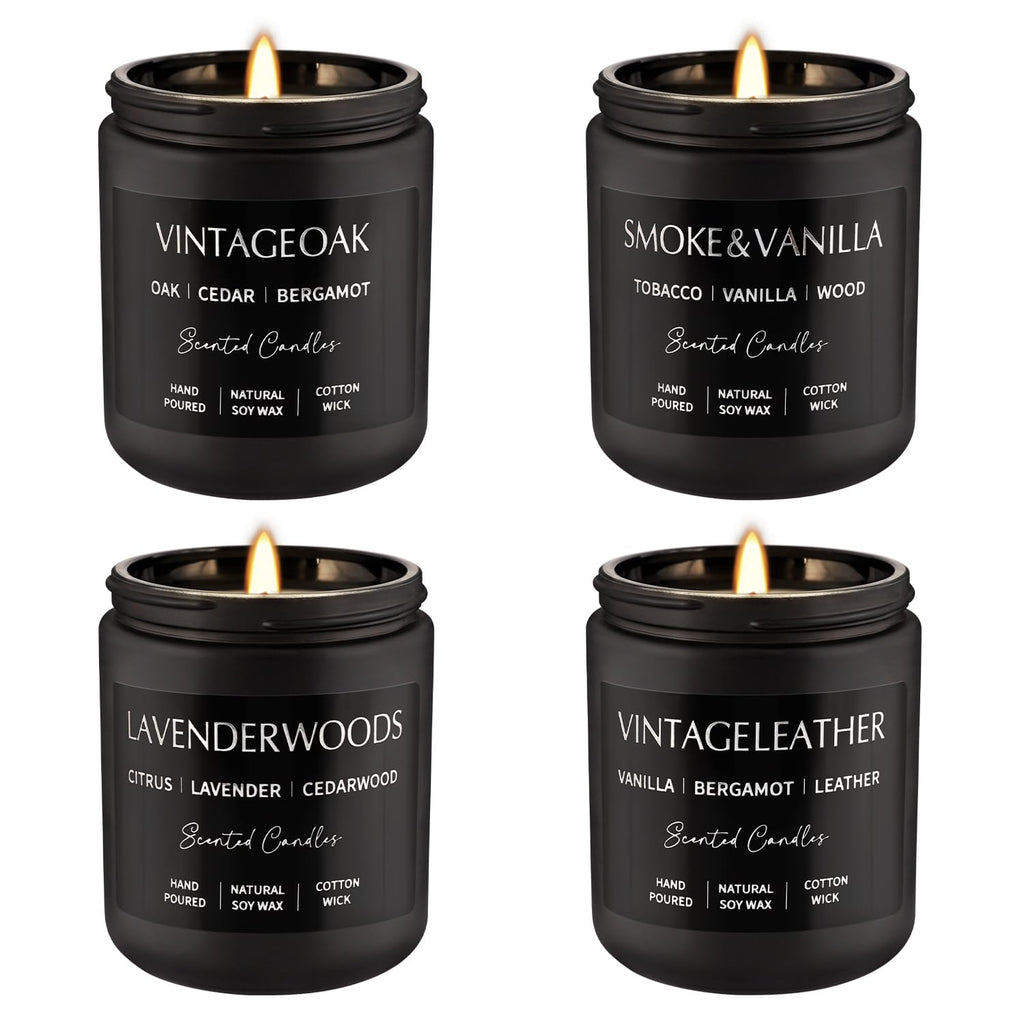Scented Candles Gift Set - 4 Pack (7oz Each) Soy Wax Aromatherapy Candles | Leather & Smoke, Vanilla Oakmoss, Lavender