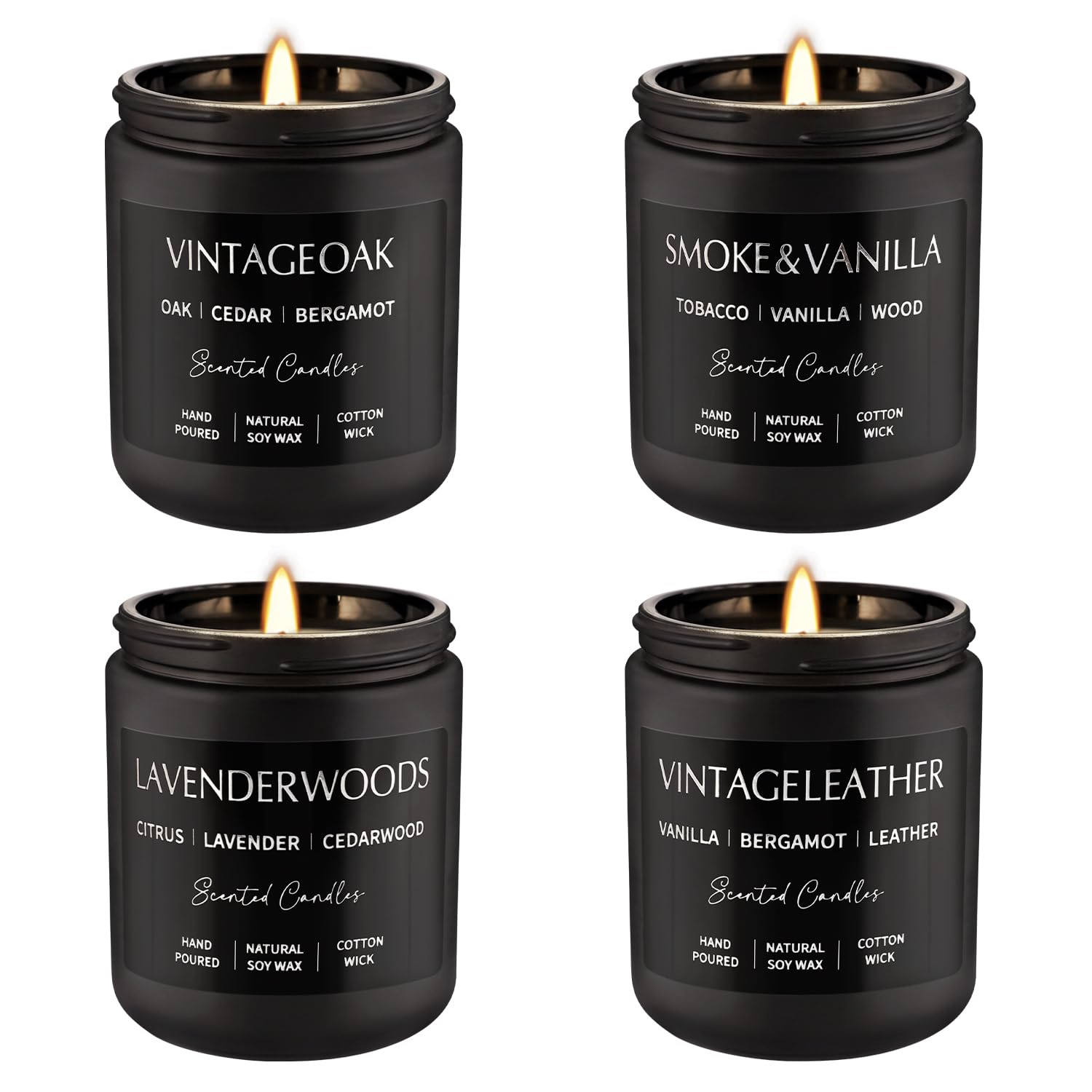 Scented Candles Gift Set - 4 Pack (7oz Each) Soy Wax Aromatherapy Candles | Leather & Smoke, Vanilla Oakmoss, Lavender