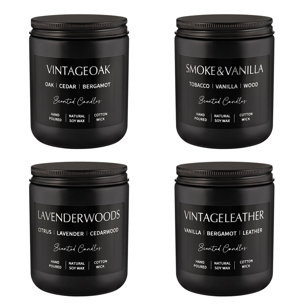 Scented Candles Gift Set - 4 Pack (7oz Each) Soy Wax Aromatherapy Candles | Leather & Smoke, Vanilla Oakmoss, Lavender