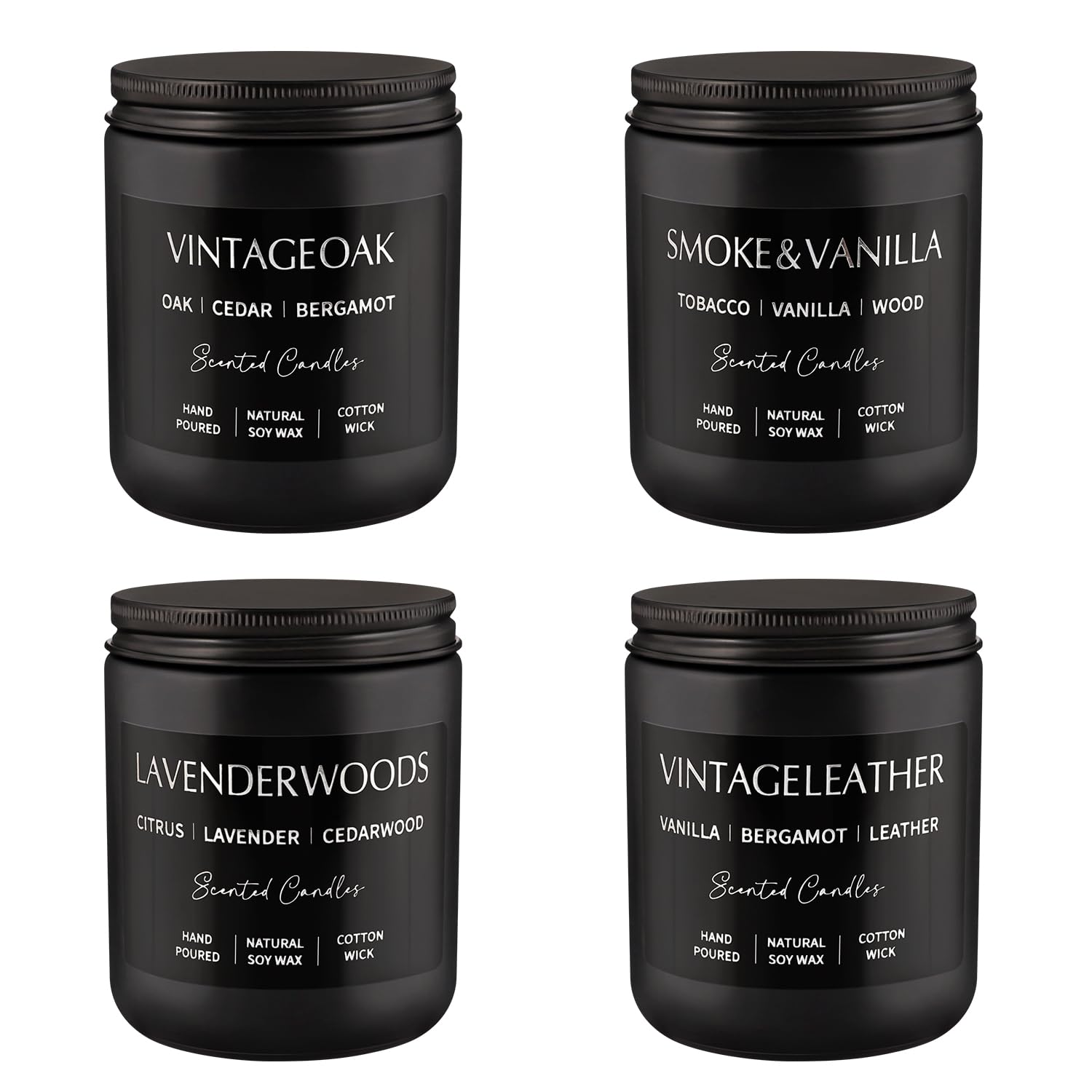 Scented Candles Gift Set - 4 Pack (7oz Each) Soy Wax Aromatherapy Candles | Leather & Smoke, Vanilla Oakmoss, Lavender