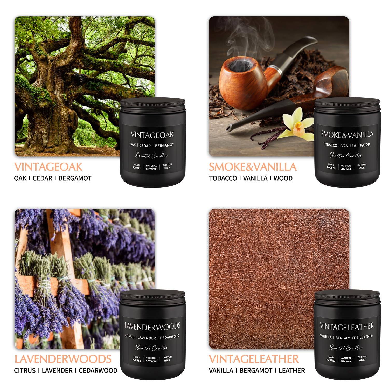 Scented Candles Gift Set - 4 Pack (7oz Each) Soy Wax Aromatherapy Candles | Leather & Smoke, Vanilla Oakmoss, Lavender