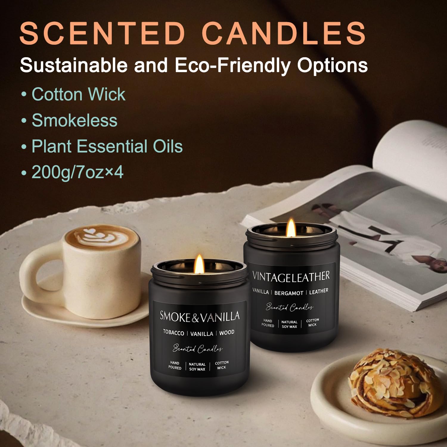Scented Candles Gift Set - 4 Pack (7oz Each) Soy Wax Aromatherapy Candles | Leather & Smoke, Vanilla Oakmoss, Lavender