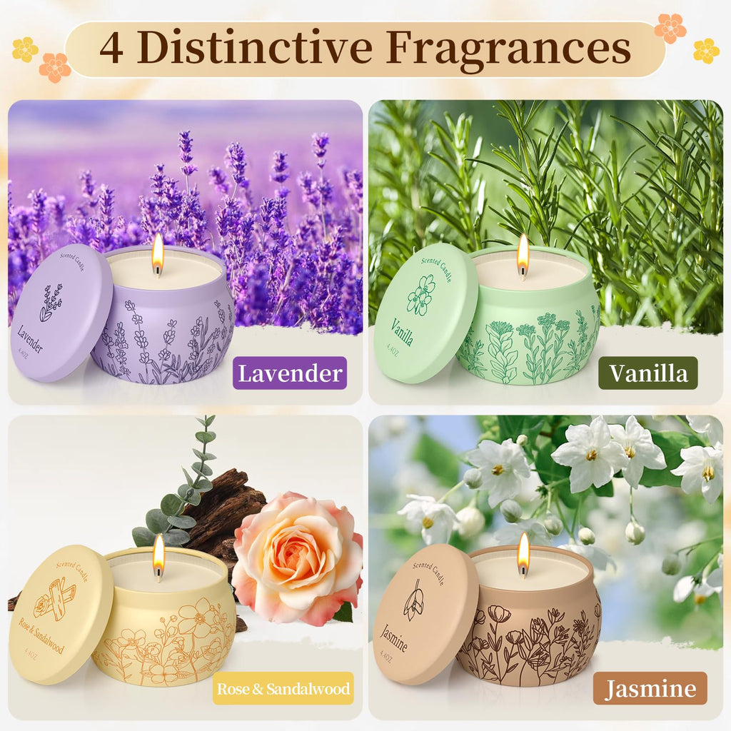 Scented Candles for Mom – 4 Pack Soy Candles (Lavender, Vanilla, Rose & Sandalwood, Jasmine) 17.6oz