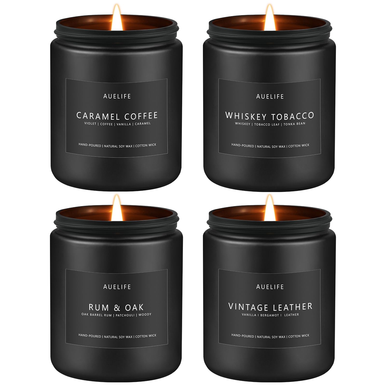 Scented Candles Set – 4-Pack for Men | Caramel Coffee, Whiskey Tobacco, Rum & Oak, Vintage Leather