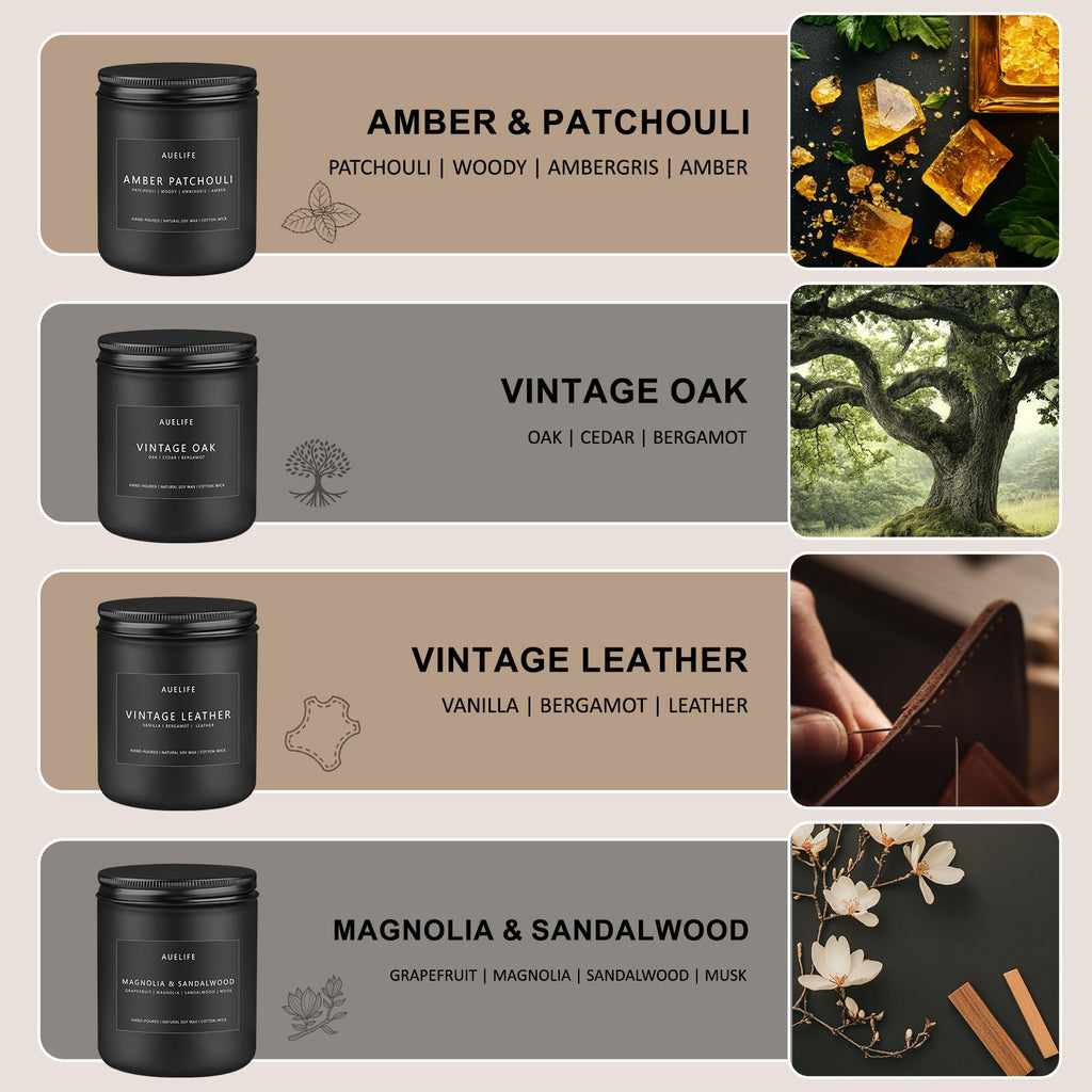 Scented Candles Set for Men - Leather, Oak & Amber Patchouli (4 Pack)