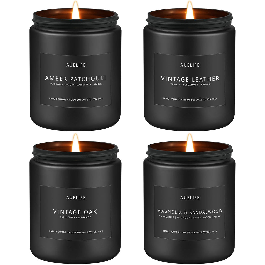 Scented Candles Set for Men - Leather, Oak & Amber Patchouli (4 Pack)
