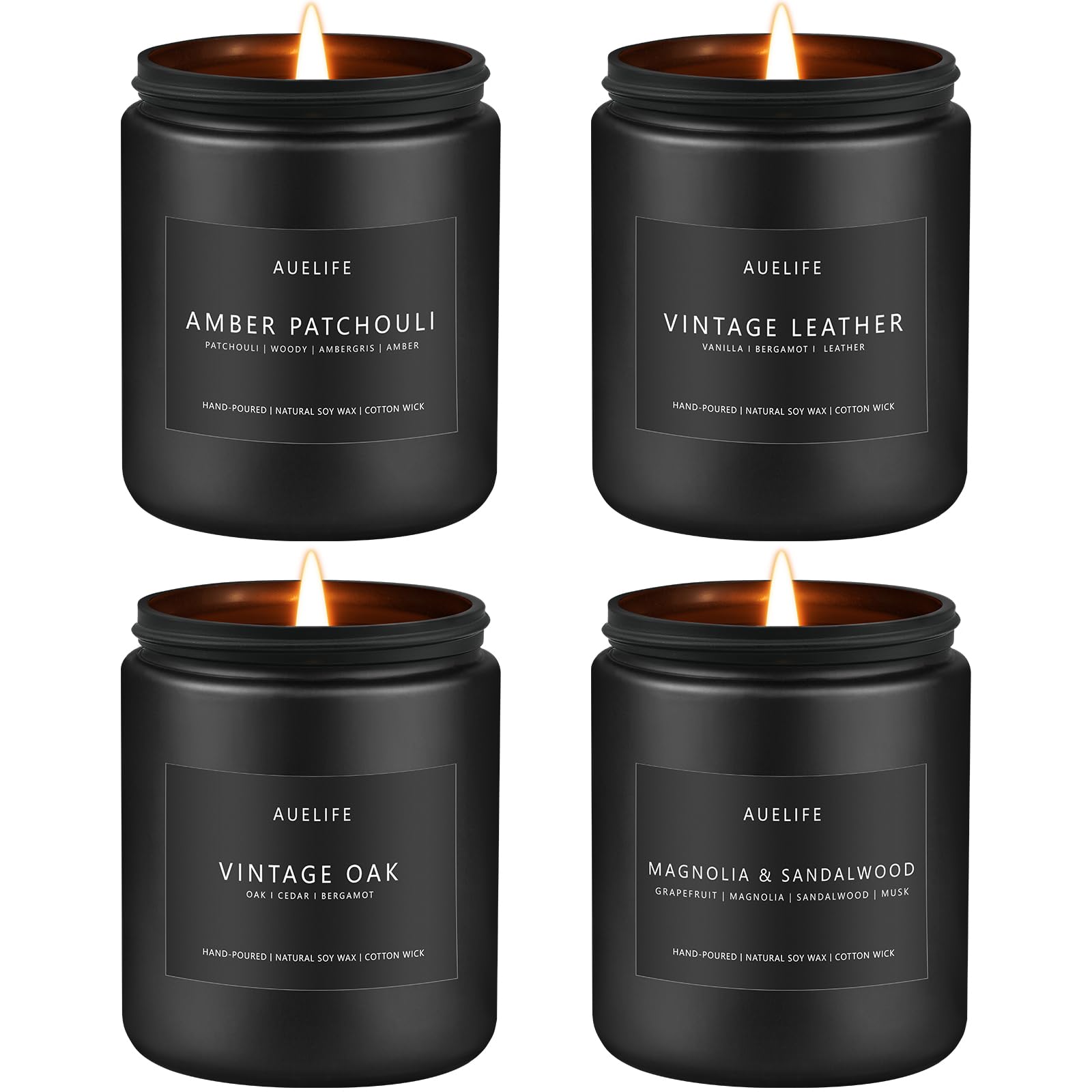 Scented Candles Set for Men - Leather, Oak & Amber Patchouli (4 Pack)