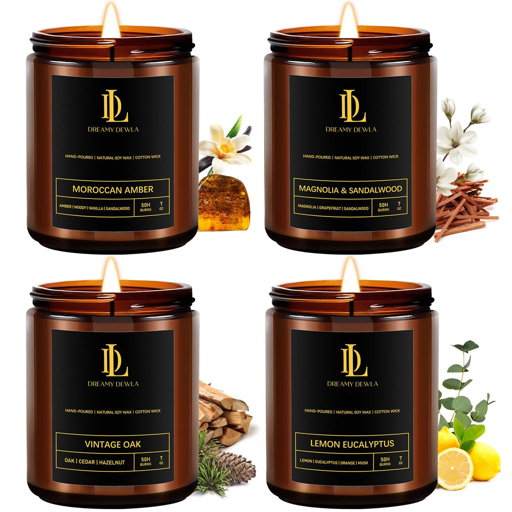 4 Pack Soy Scented Candles Set (28oz) – Magnolia & Sandalwood, Moroccan Amber, Lemon Eucalyptus, Vintage Oak
