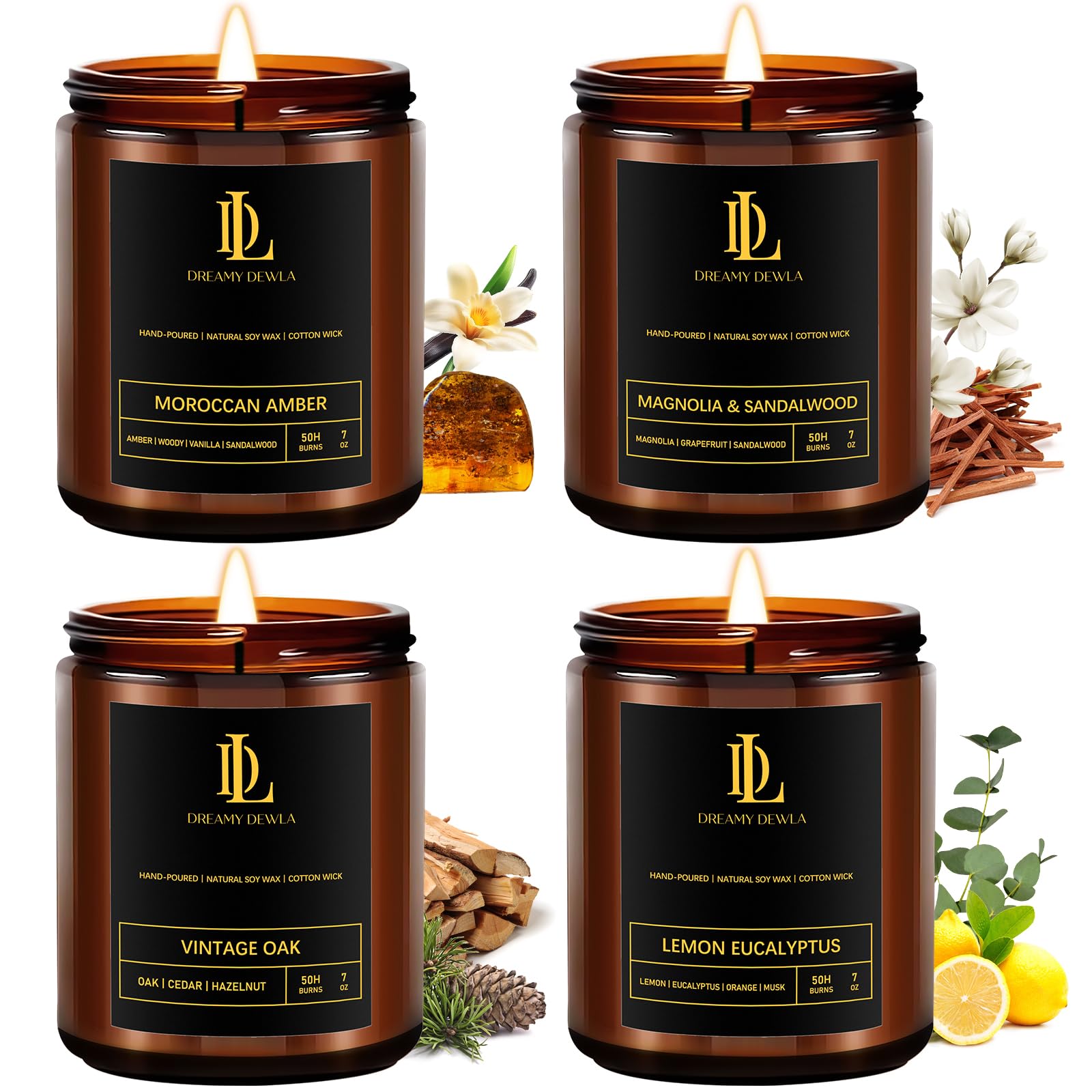 4 Pack Soy Scented Candles Set (28oz) – Magnolia & Sandalwood, Moroccan Amber, Lemon Eucalyptus, Vintage Oak