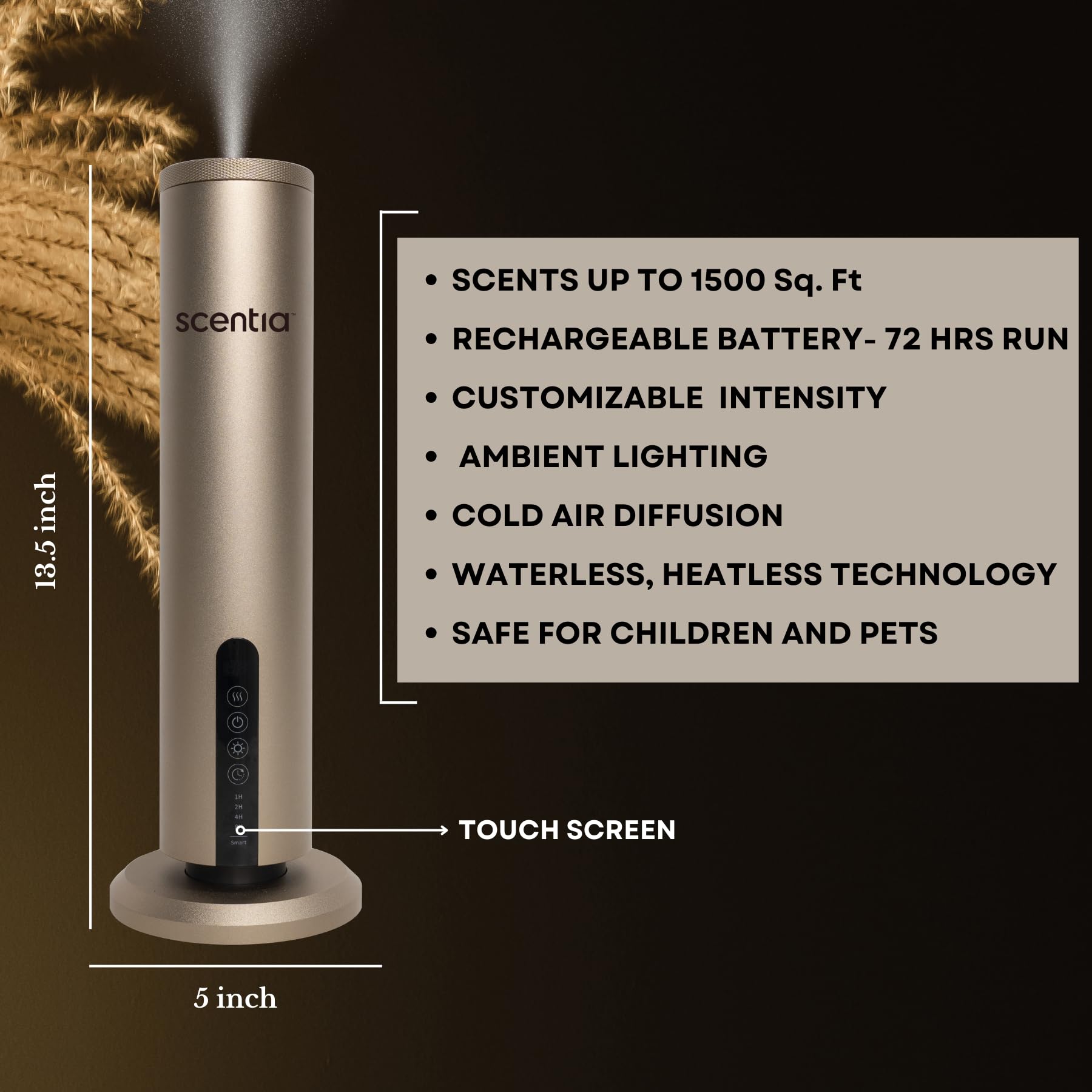 Scentia Max Diffuser – Wireless Waterless Diffuser with App Control | Covers 1500 Sq Ft | Gold