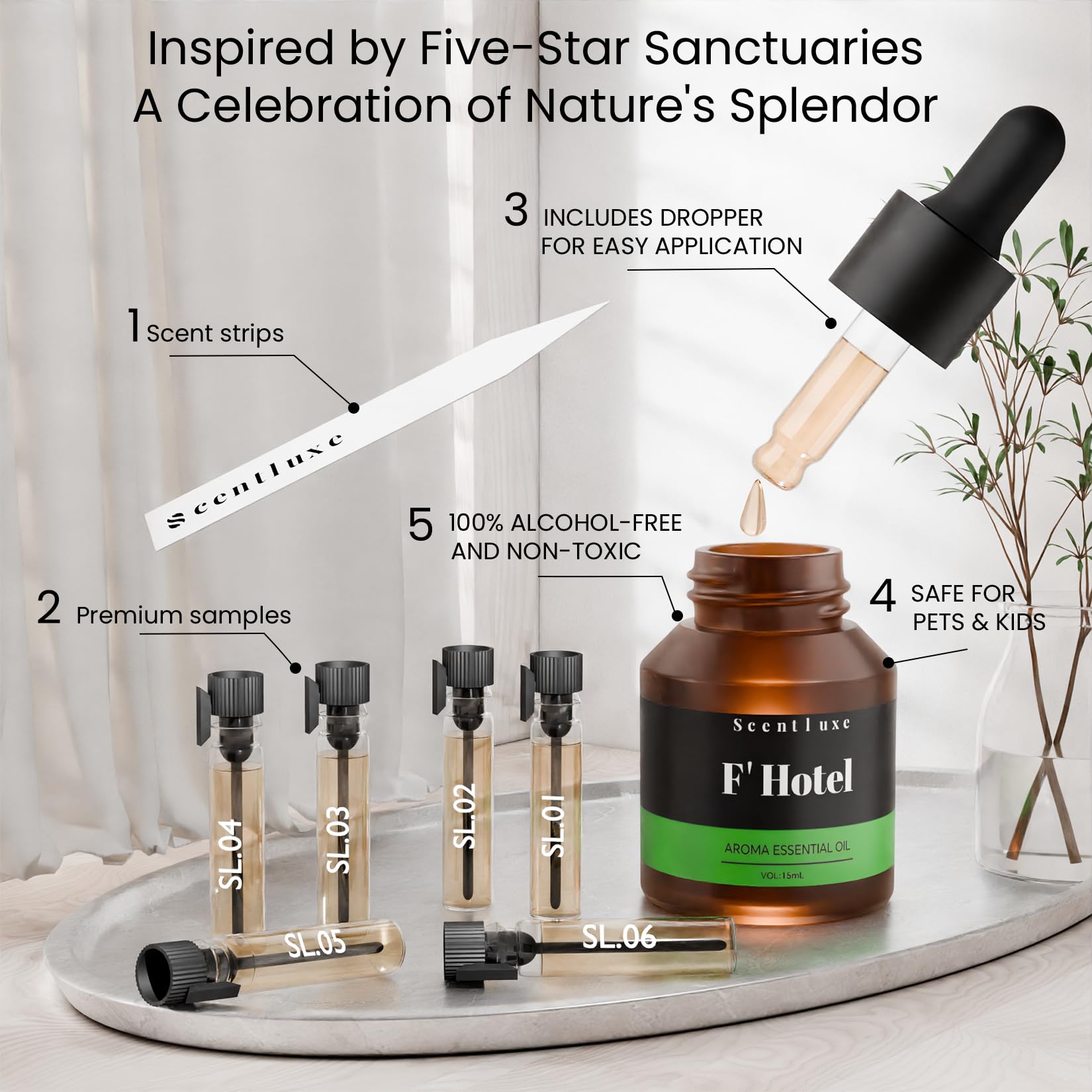 F' Hotel Essential Oils for Aromatherapy Diffusers | Scentluxe – Premium 15 mL Fragrance Oil Inspired by Four Seasons Hotel Scents