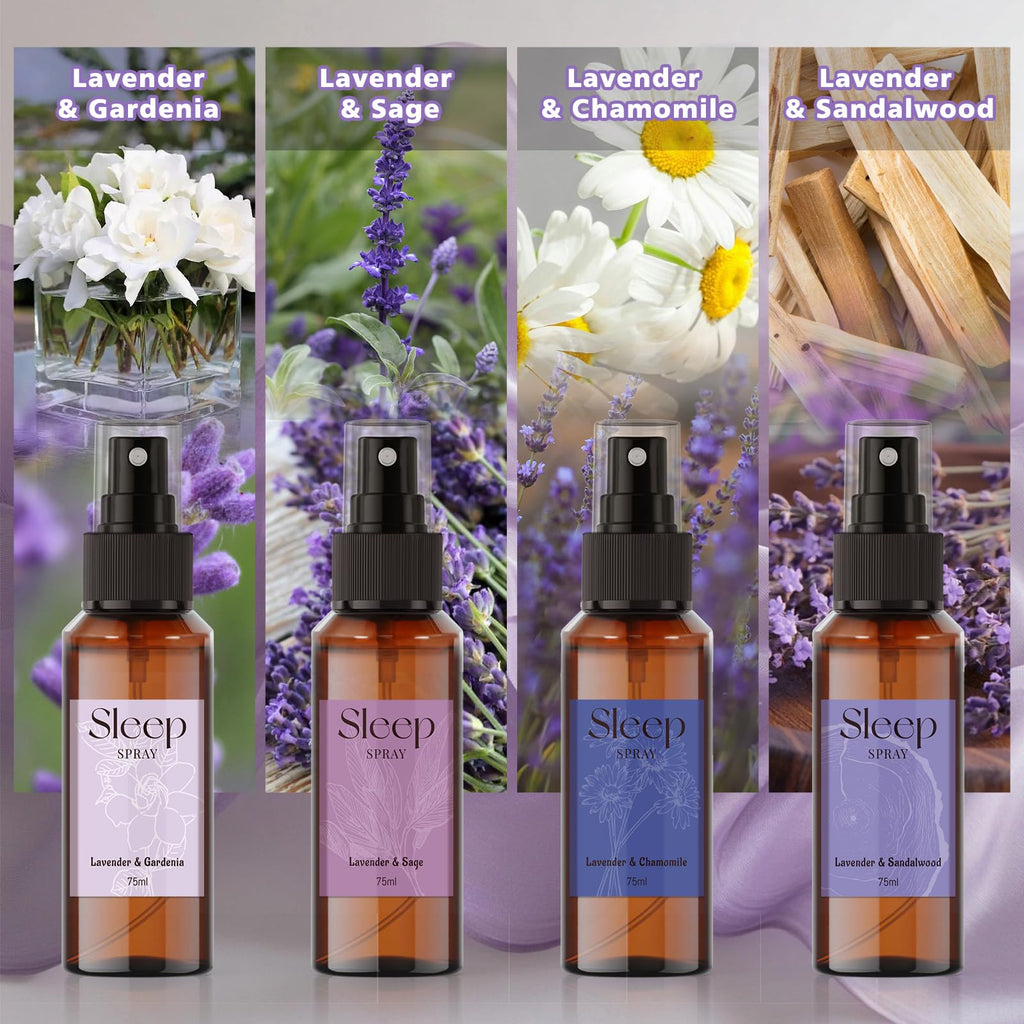 SCENTORINI Sleep Spray 4-Pack – Calming Lavender Essential Oil Aromatherapy Mist (75ml each) for Bedding & Room