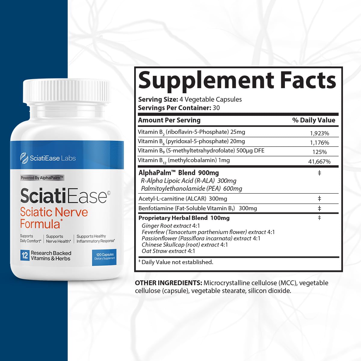 SciatiEase Sciatic Nerve Health Support Supplement - 3 Bottles | PEA, Alpha-Lipoic Acid 300mg, B Complex