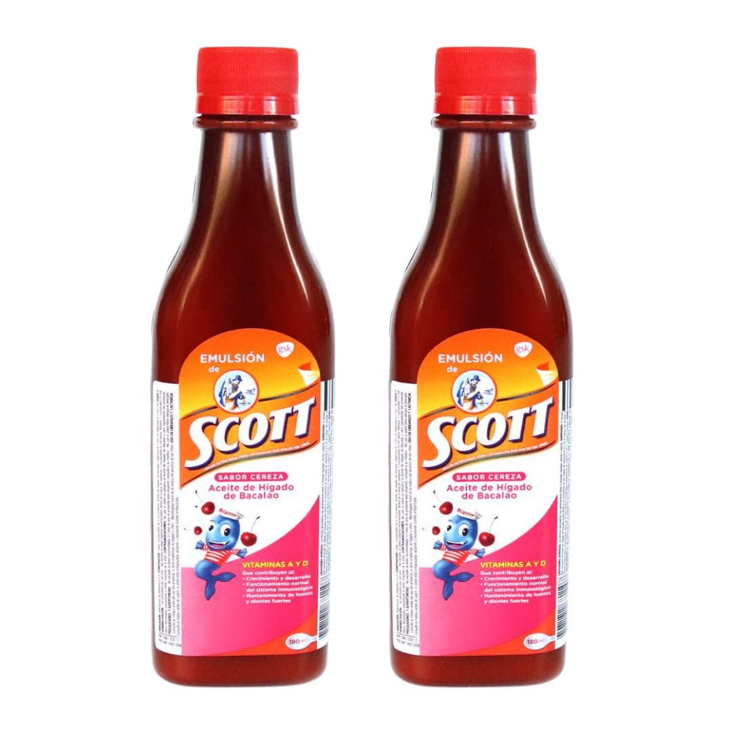 Scott Emulsion 180 ml Cod Liver Oil for Kids – 2 Pack with Vitamins A, D & Calcium (Cherry, Tropical Fruits, Traditional)