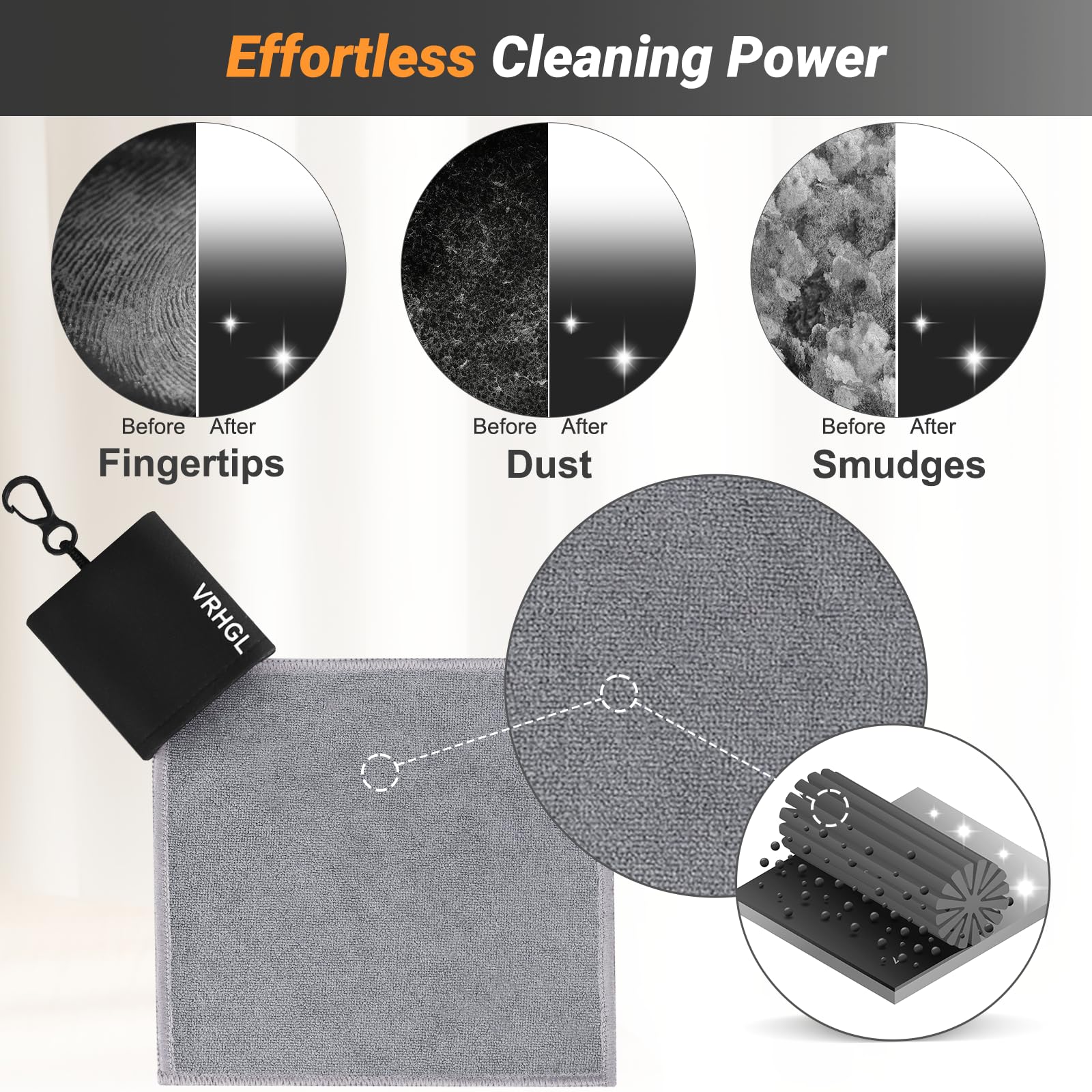 2-Sided Portable Glasses Cleaner Cloth Keychain | Reusable Microfiber Kit 6x6 in – Black