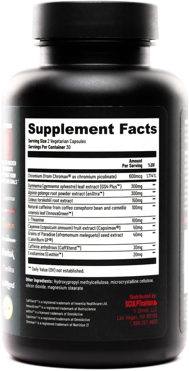 Sculpt Nation by V Shred – Daytime Metabolism Support with Chromium, Symnema Leaf Extract & Alpinia Galanga Root Powder – 60 Veggie Pills, 2-Pack