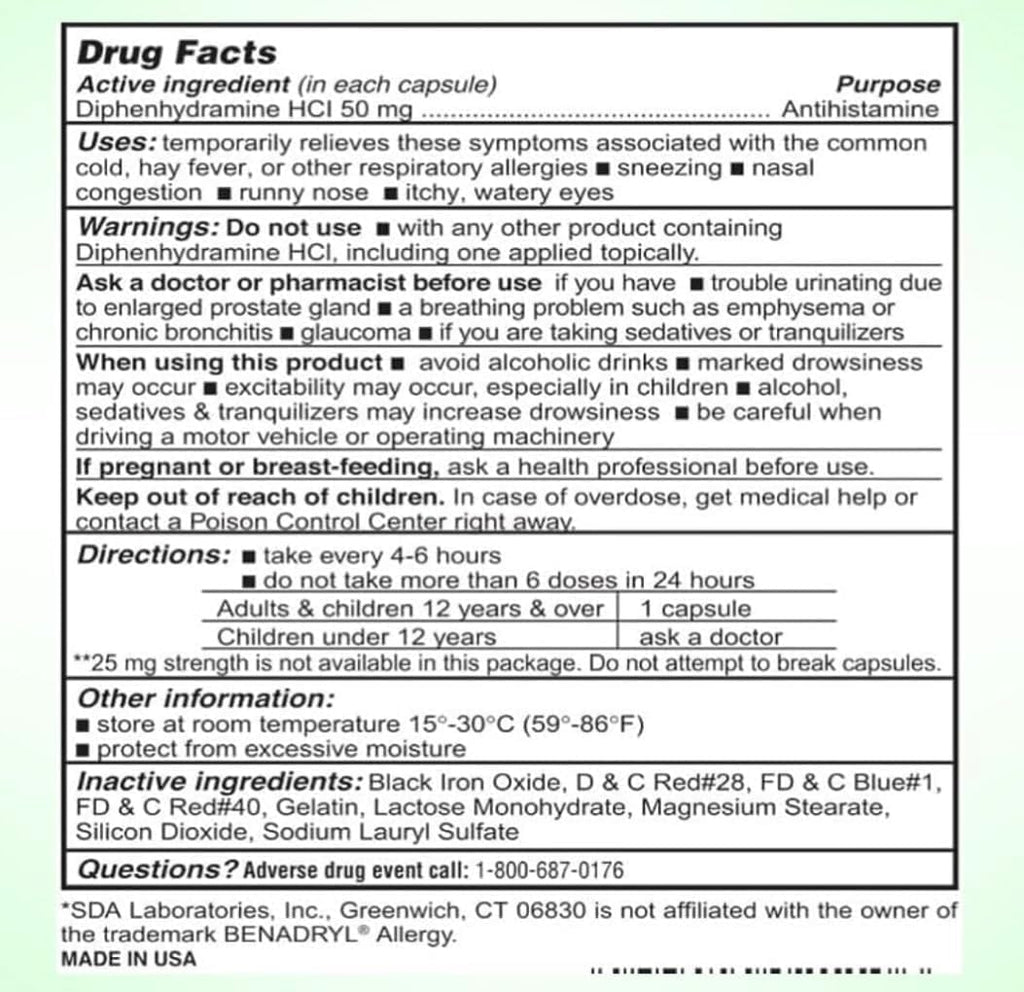 SDA LABORATORIES Diphenhydramine 50mg Allergy Relief — Fast-Acting Indoor & Outdoor Antihistamine, 1000 Count