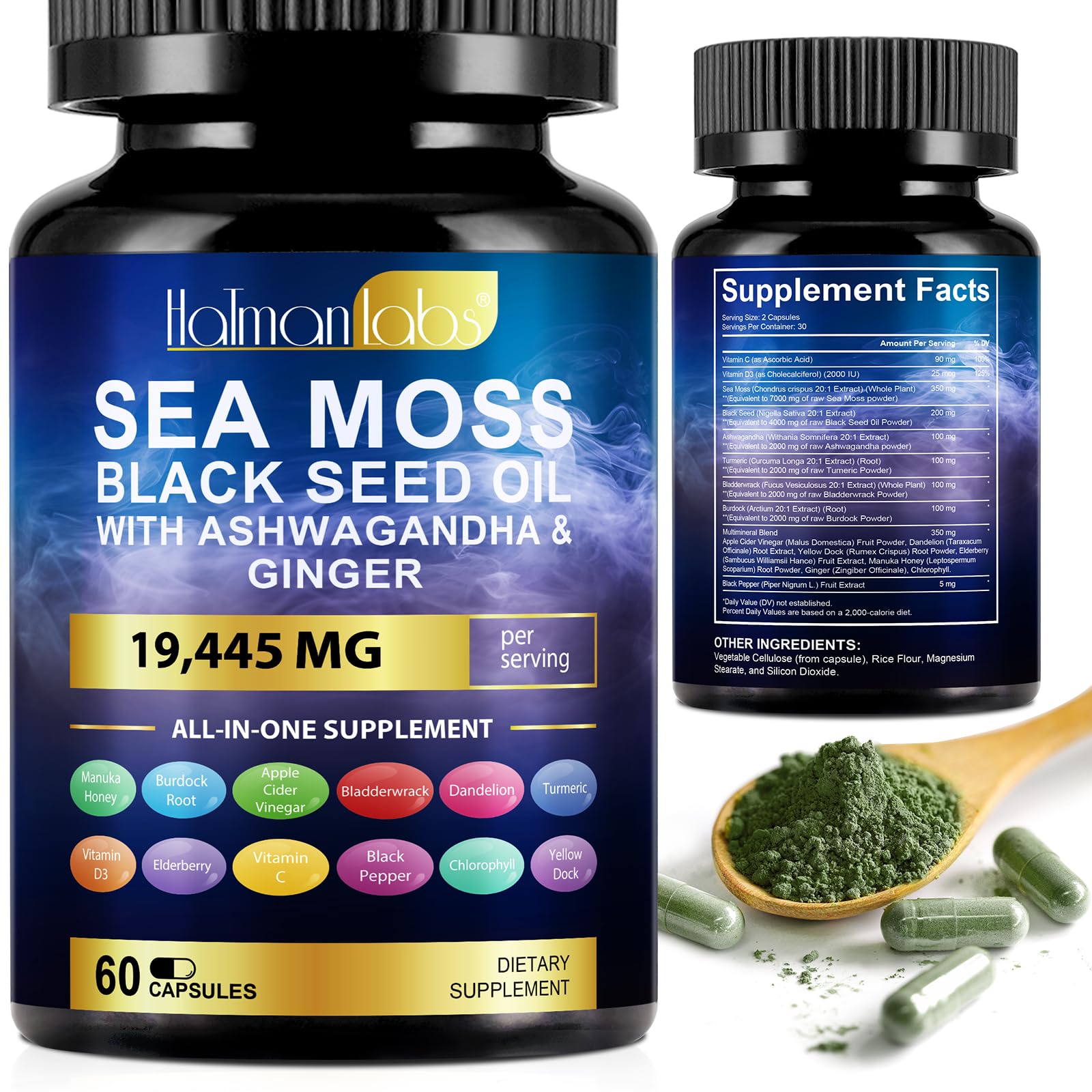 Sea Moss Black Seed Oil Ashwagandha Ginger Turmeric Capsules & Gummies – 60 Count