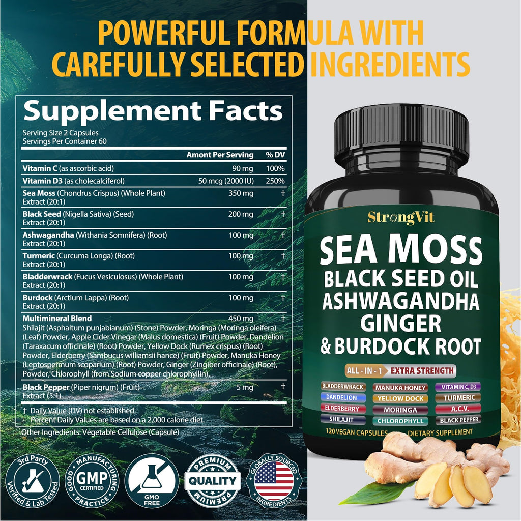 Sea Moss + Black Seed Oil Capsules with Ashwagandha & Ginger – Organic Multimineral Sea Moss (120 Capsules) USA