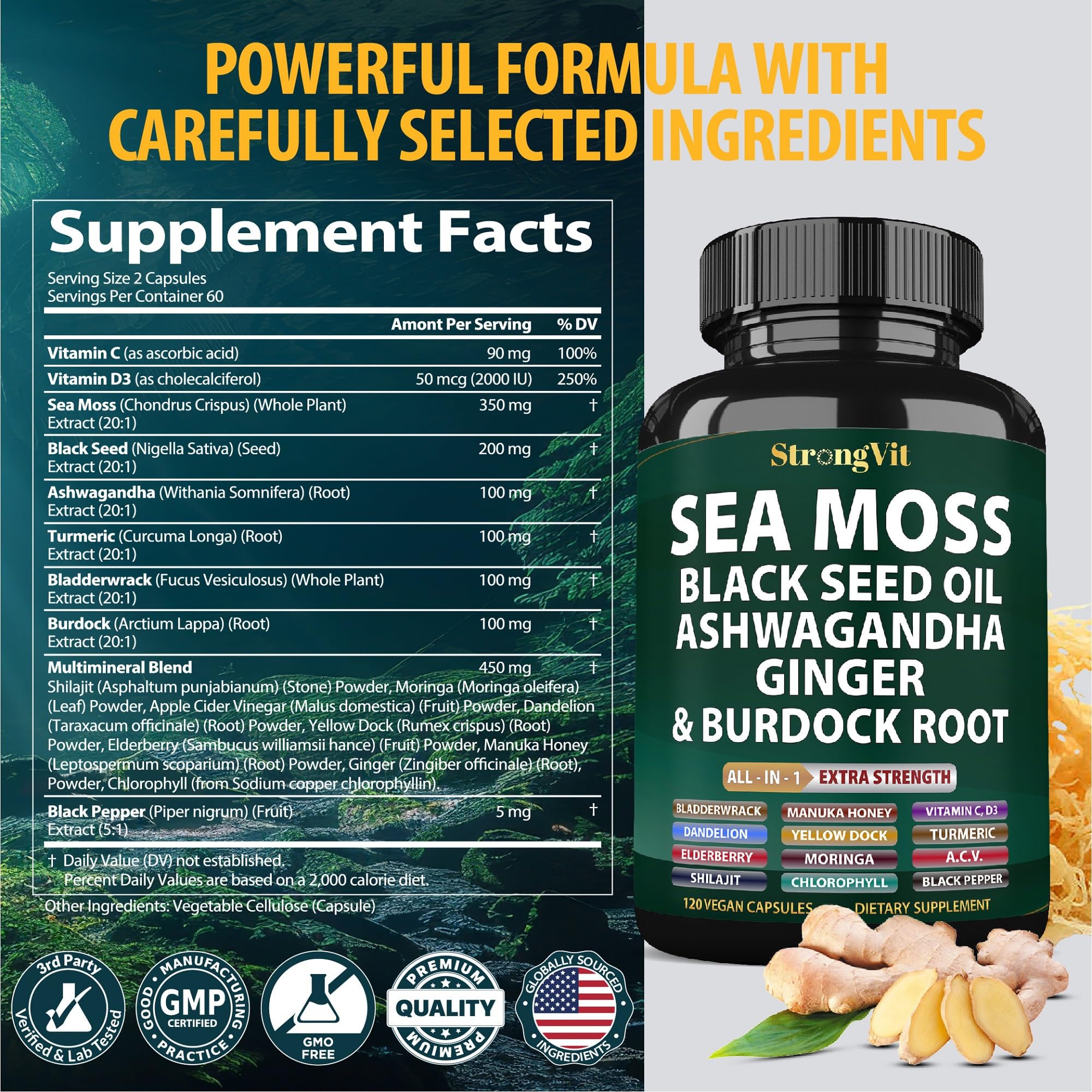Sea Moss + Black Seed Oil Capsules with Ashwagandha & Ginger – Organic Multimineral Sea Moss (120 Capsules) USA