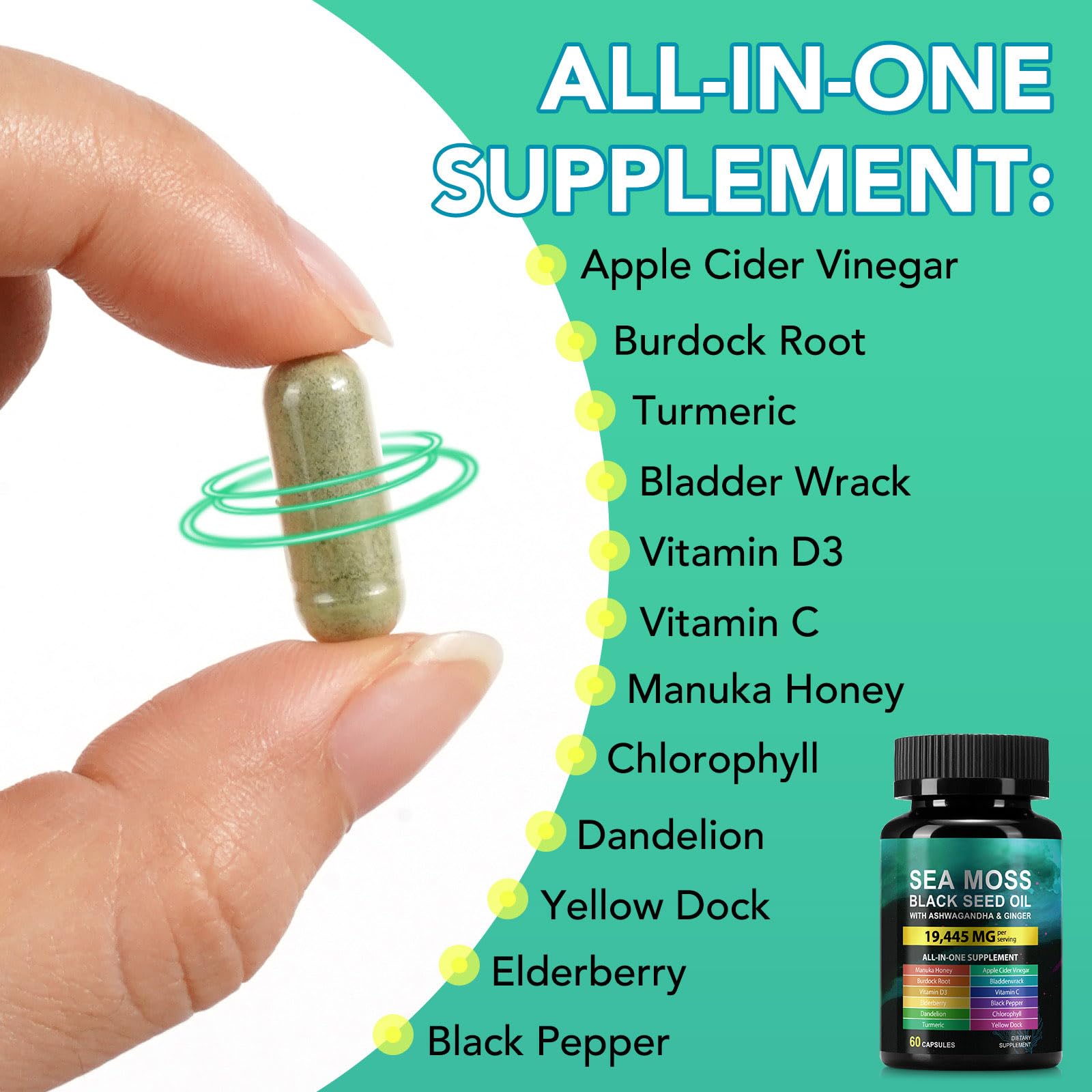 Sea Moss Black Seed Oil Capsule – Ashwagandha & Ginger | Immunity & Energy | 60 Count