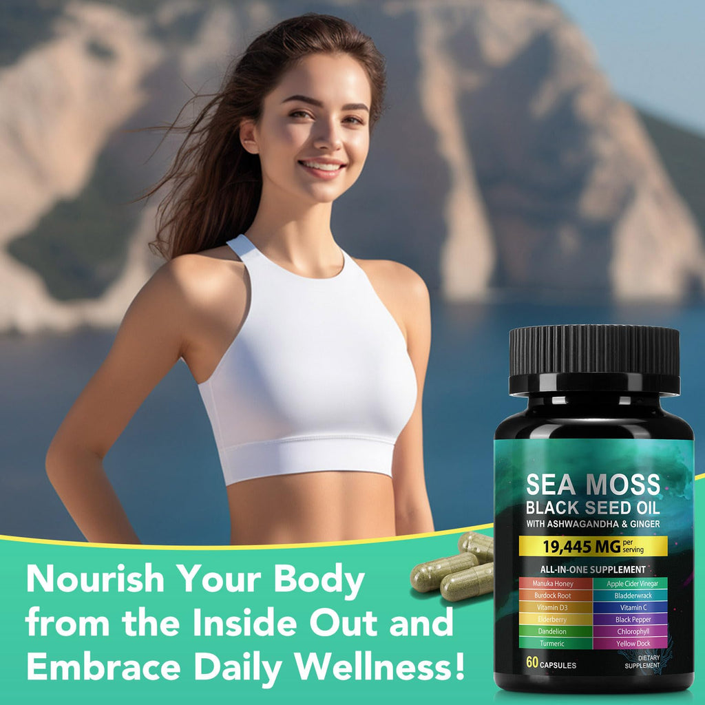 Sea Moss Black Seed Oil Capsule – Ashwagandha & Ginger | Immunity & Energy | 60 Count