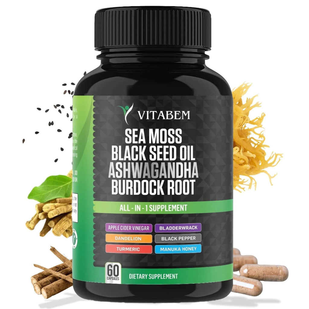 Sea Moss Black Seed Oil Ashwagandha Turmeric Burdock Root | All-in-One Sea Moss Capsules - 60 Count