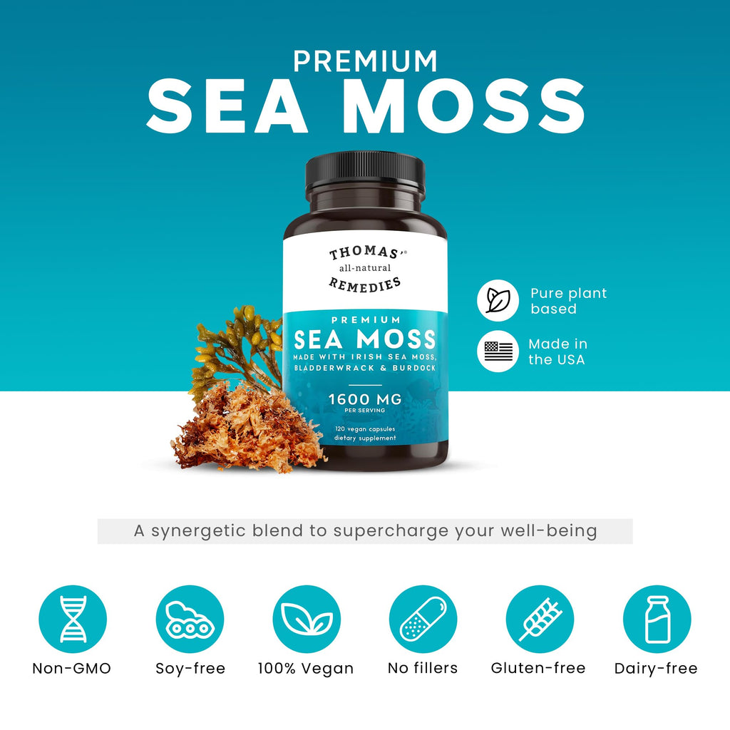 Thomas' All-Natural Irish Sea Moss Capsules with Bladderwrack & Burdock Root – Organic Sea Moss Pills (120)