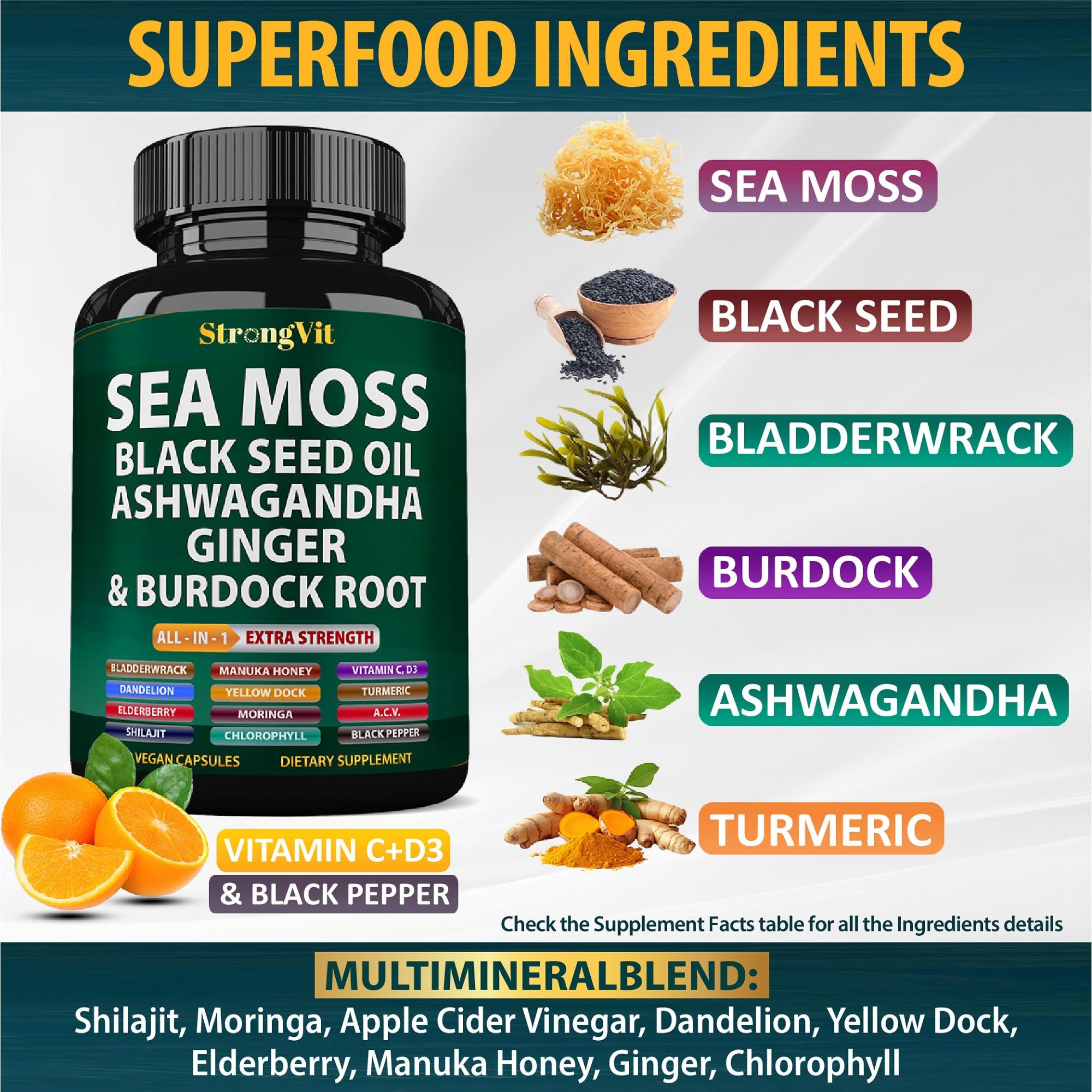 Sea Moss + Black Seed Oil Capsules with Ashwagandha & Ginger – Organic Multimineral Sea Moss (120 Capsules) USA