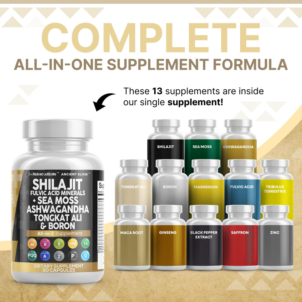 Clean Shilajit for Men with Sea Moss & Tongkat Ali | Fulvic Acid Capsules - 90 Count