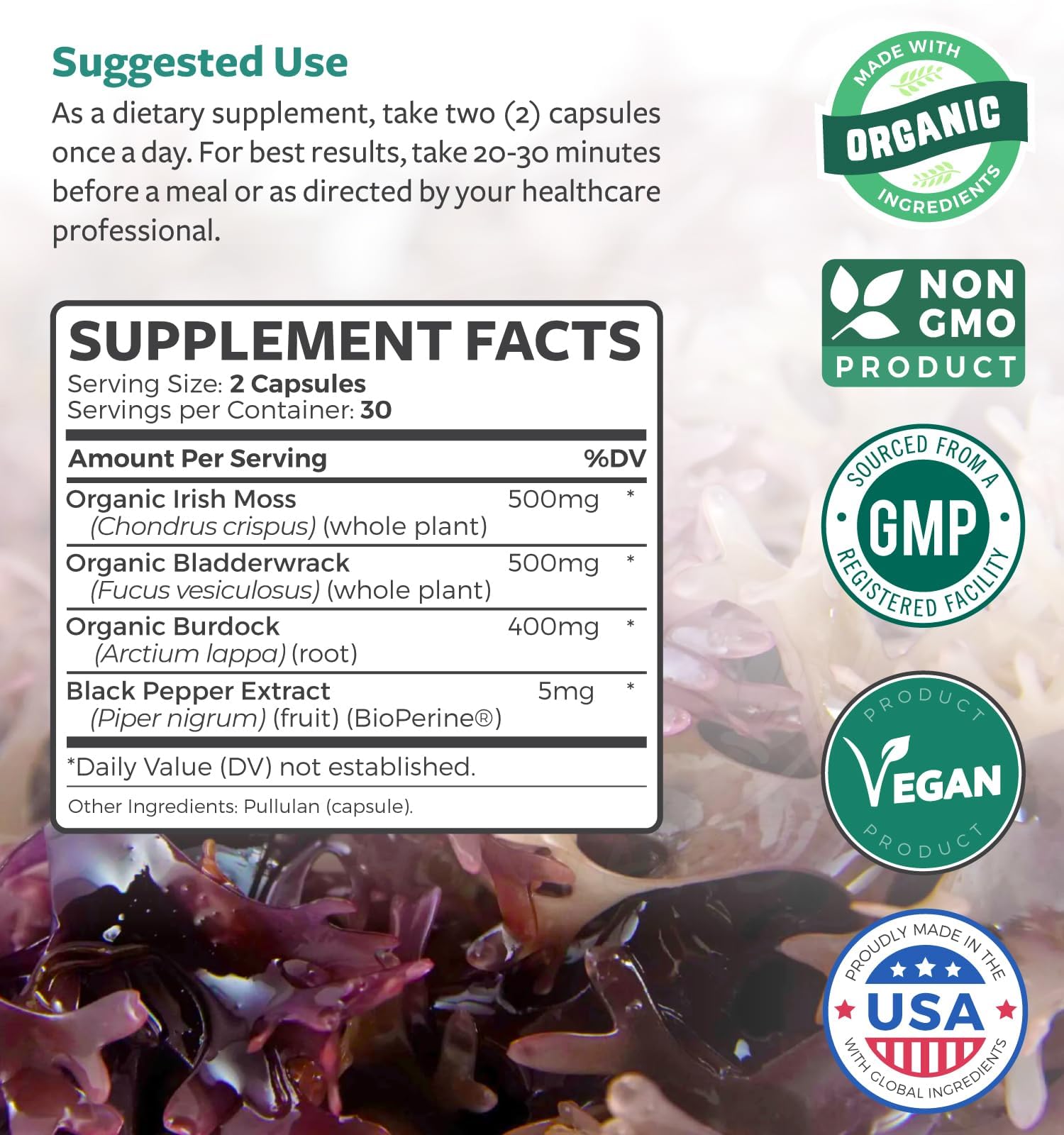 Organic Irish Sea Moss Capsules with Bladderwrack & Burdock - USA Made