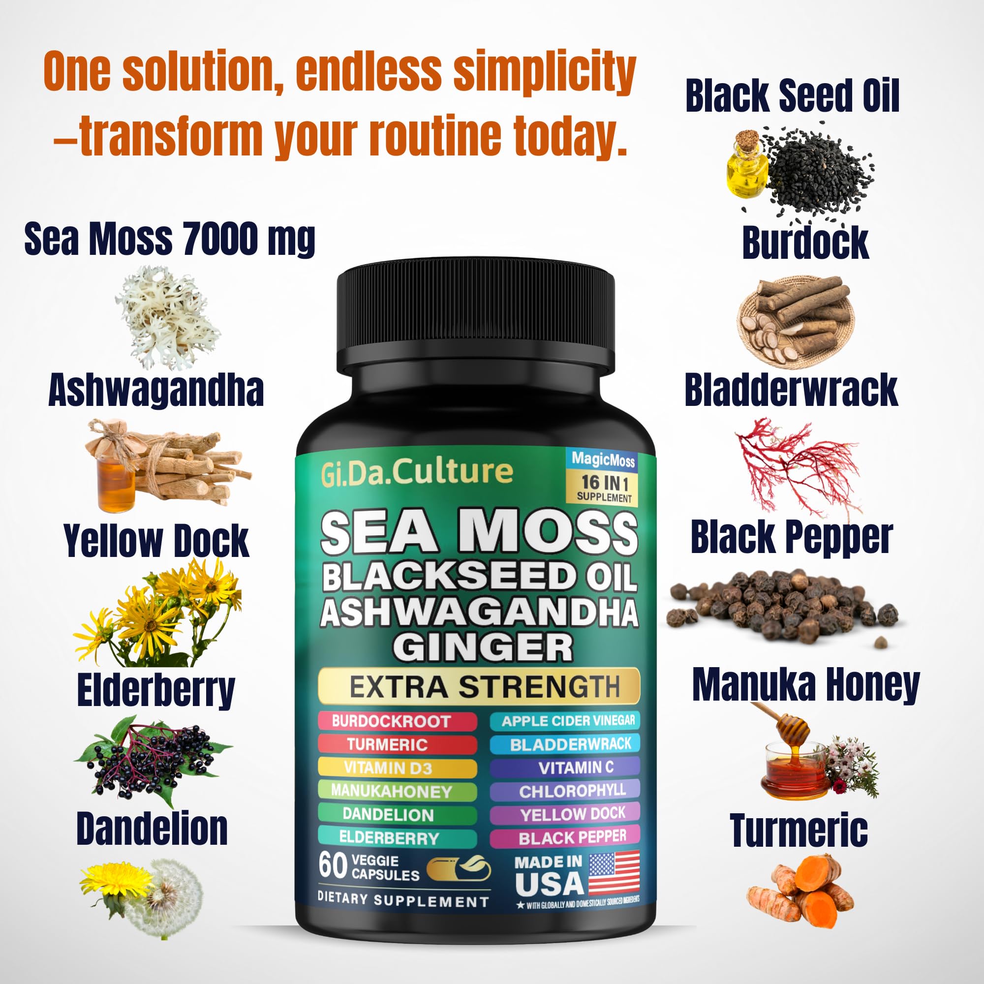 Sea Moss Capsules – Organic Irish Sea Moss with Black Seed Oil, Ashwagandha, Ginger, Turmeric & More (60 Veggie Capsules) for Men & Women