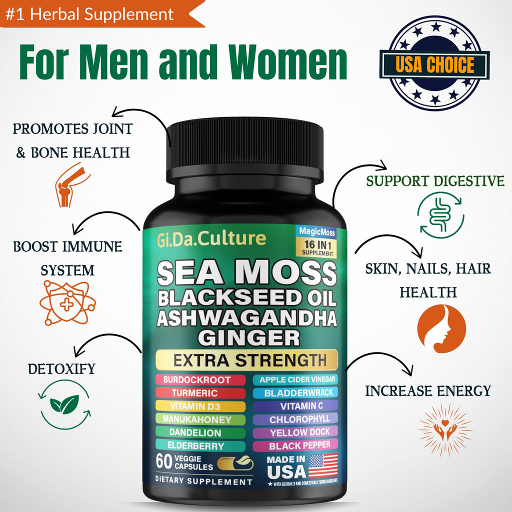 Sea Moss Capsules – Organic Irish Sea Moss with Black Seed Oil, Ashwagandha, Ginger, Turmeric & More (60 Veggie Capsules) for Men & Women