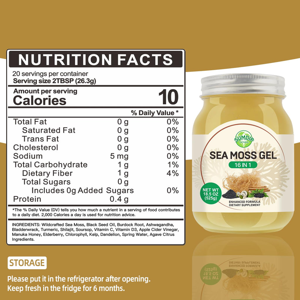 Sea Moss Gel 18.5 oz – 16-in-1 Wildcrafted Irish Seamoss with Black Seed Oil & Ashwagandha