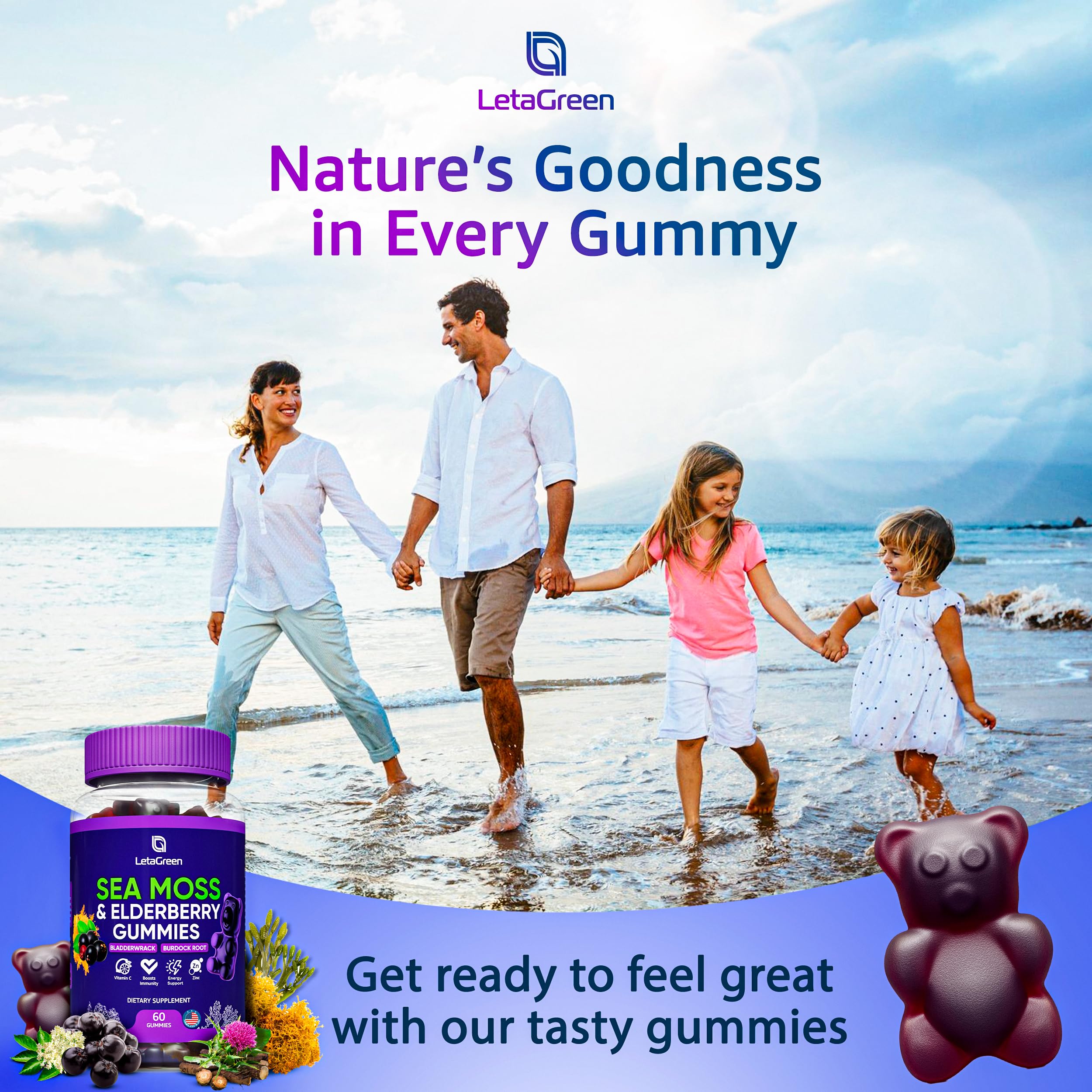 LetaGreen Irish Sea Moss Gummies – Multimineral with Bladderwrack & Elderberry (60 Vegan Gummies)